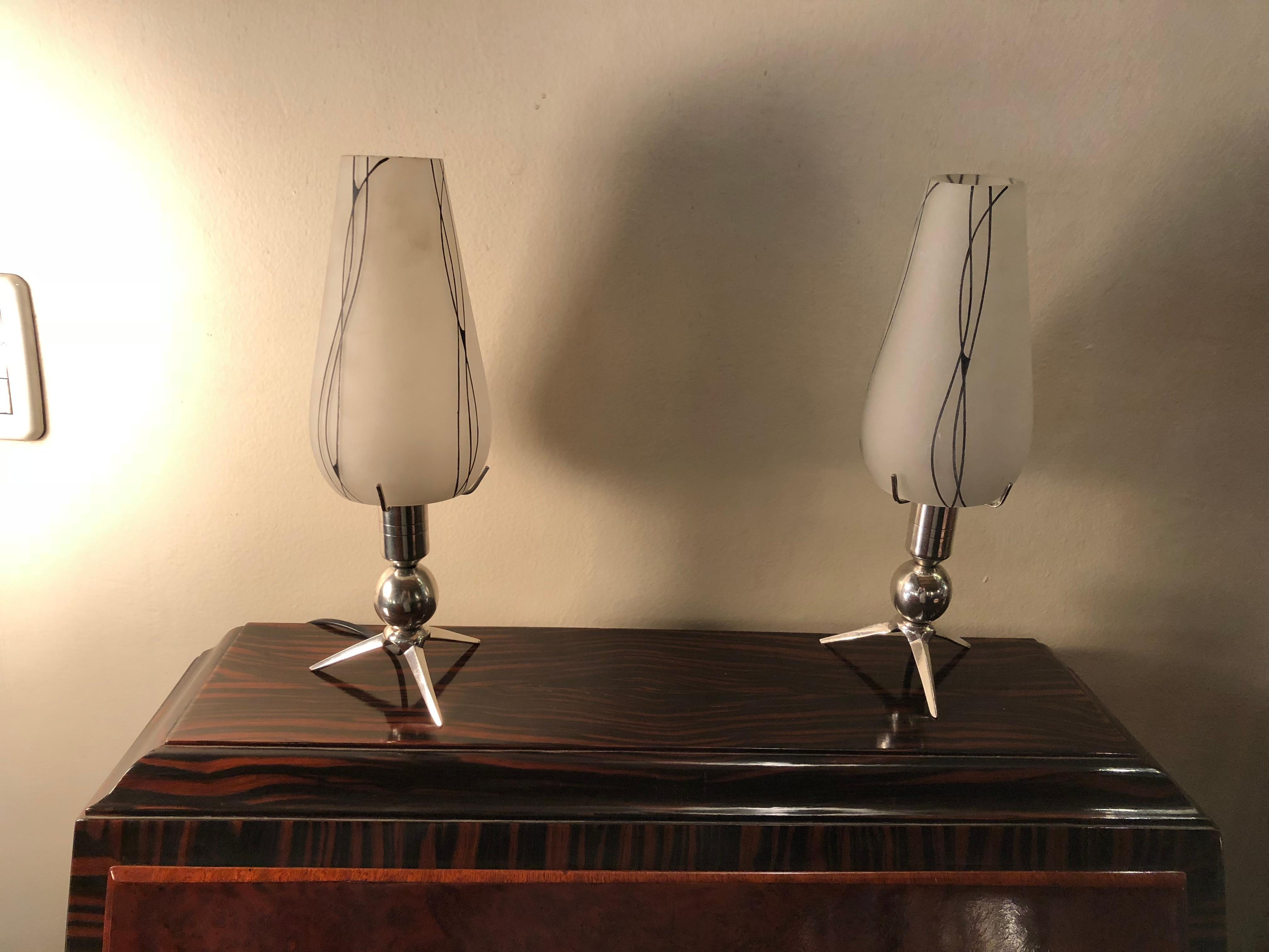 Italian 2 Table Lamps, Glass and Plated Bronze, Style: Art Deco, Italy , 1930 For Sale
