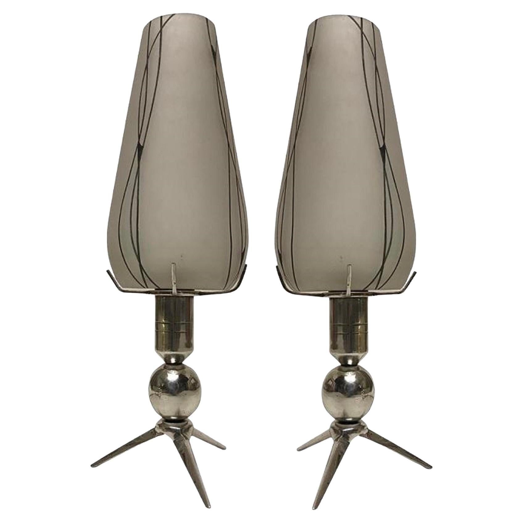 2 Table Lamps, Glass and Plated Bronze, Style: Art Deco, Italy , 1930 For Sale