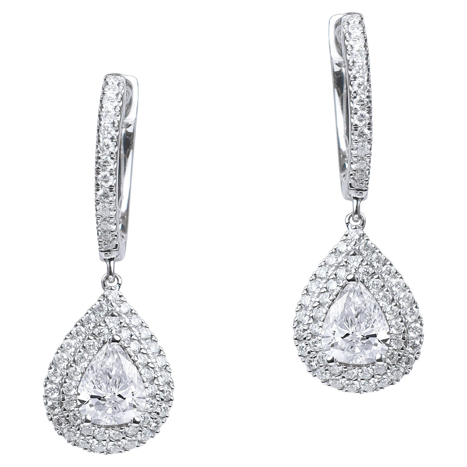 Pendants d'oreilles Art Déco en diamants taille poire de 2 carats sertis E VVS GIA