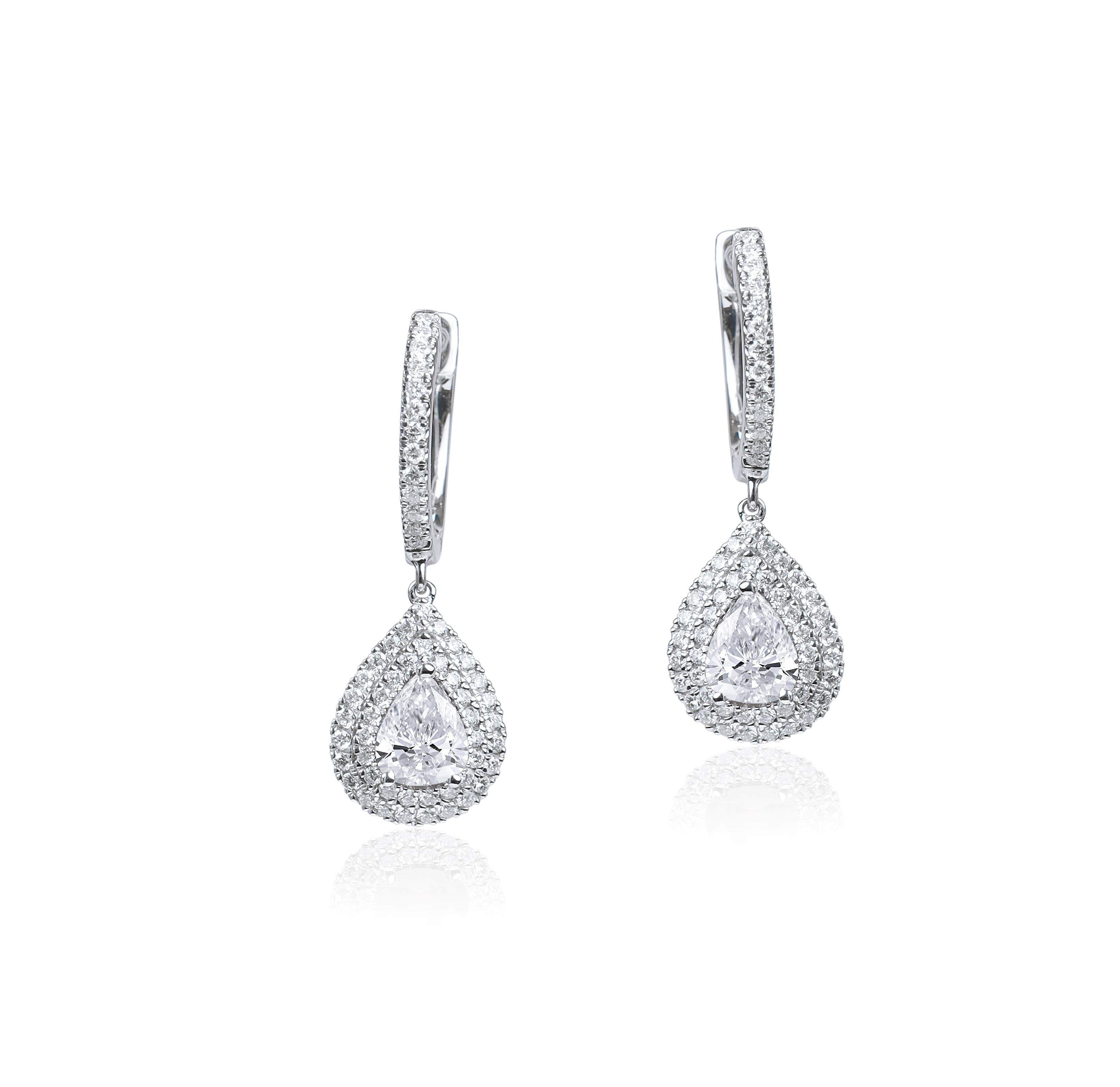 Art Deco GIA Report Certified 1.5 2 TCW Carat Diamond Pear Cut Drop Dangle Earrings E VVS For Sale
