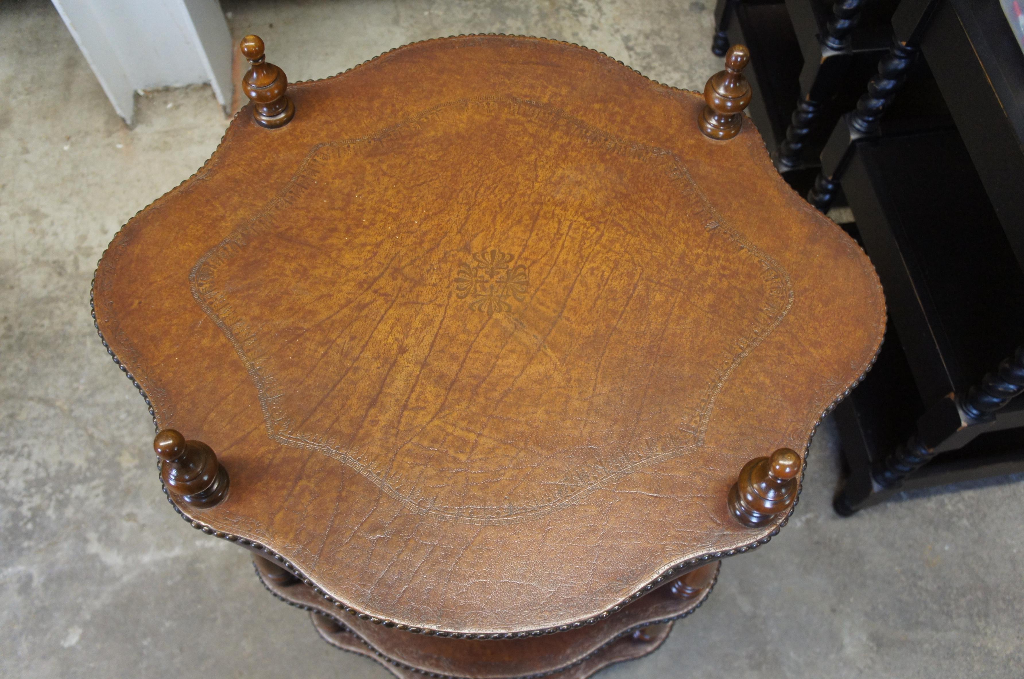 Late 20th Century 2 Theodore Alexander 3-Tier Leather Turtle Top & Nailhead Accent Side End Tables For Sale