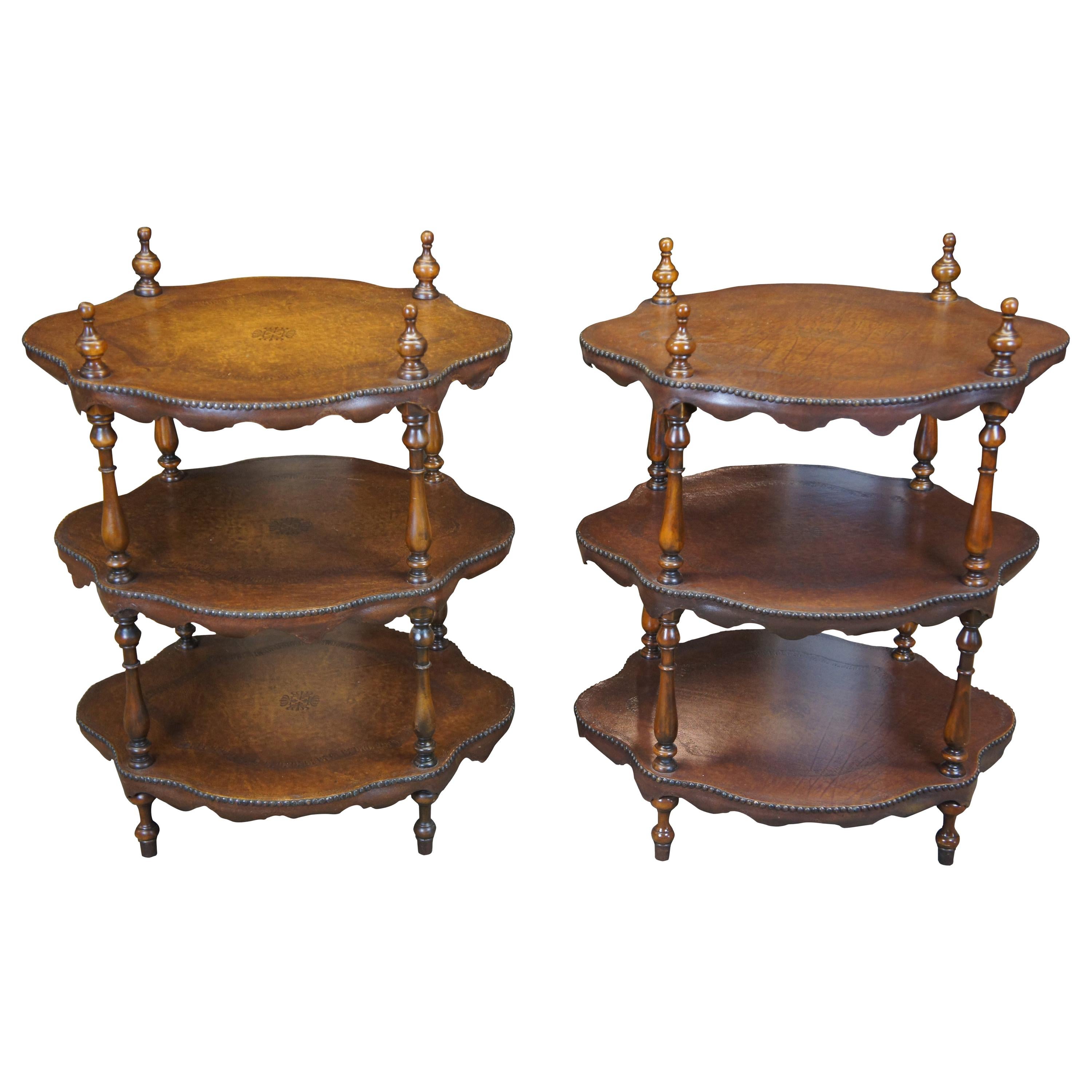 2 Theodore Alexander 3-Tier Leather Turtle Top & Nailhead Accent Side End Tables For Sale