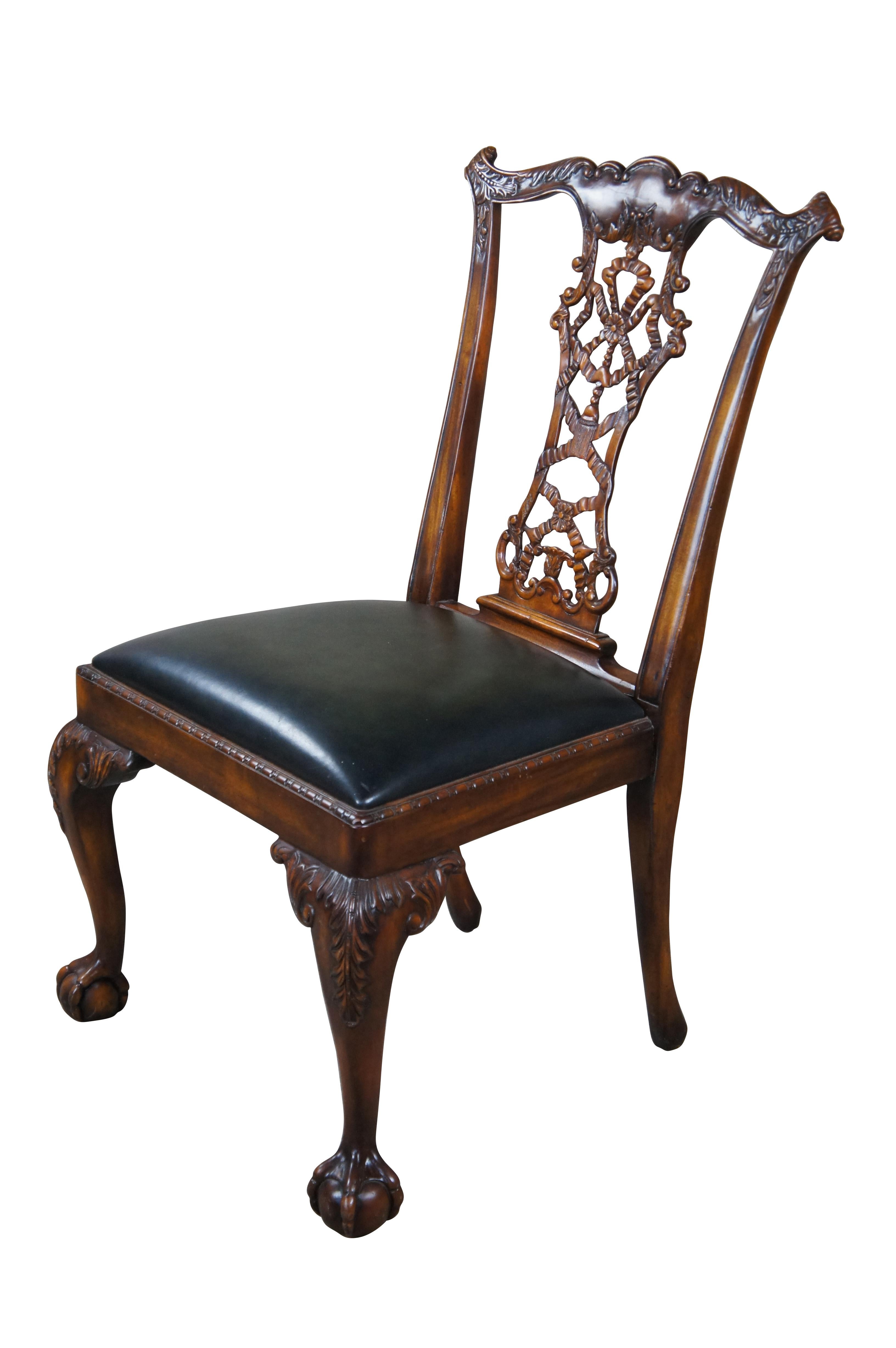 2 Theodore Alexander English Chippendale Carved Mahogany Leather Dining Chairs  In Good Condition For Sale In Dayton, OH