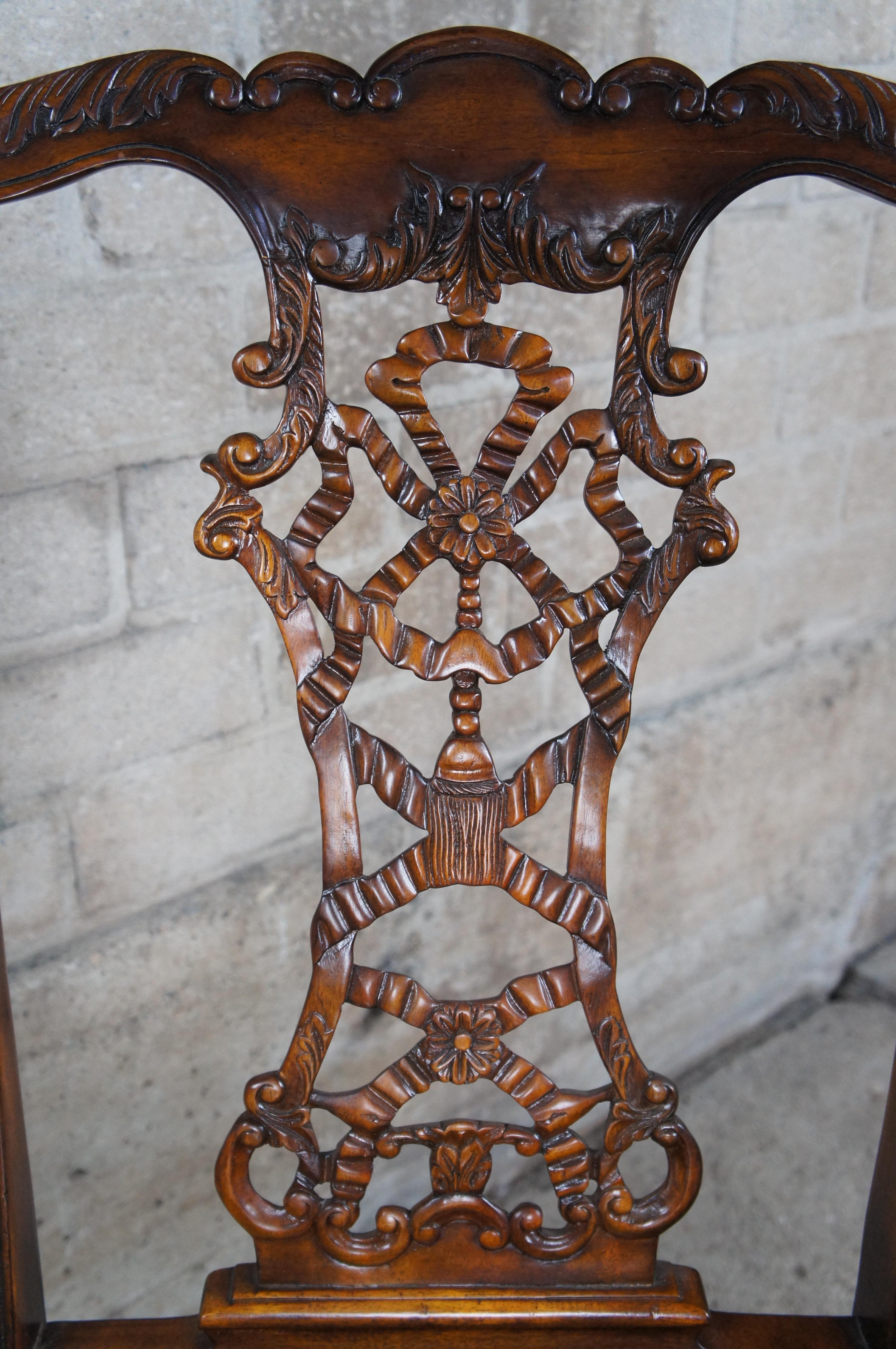 20th Century 2 Theodore Alexander English Chippendale Carved Mahogany Leather Dining Chairs  For Sale