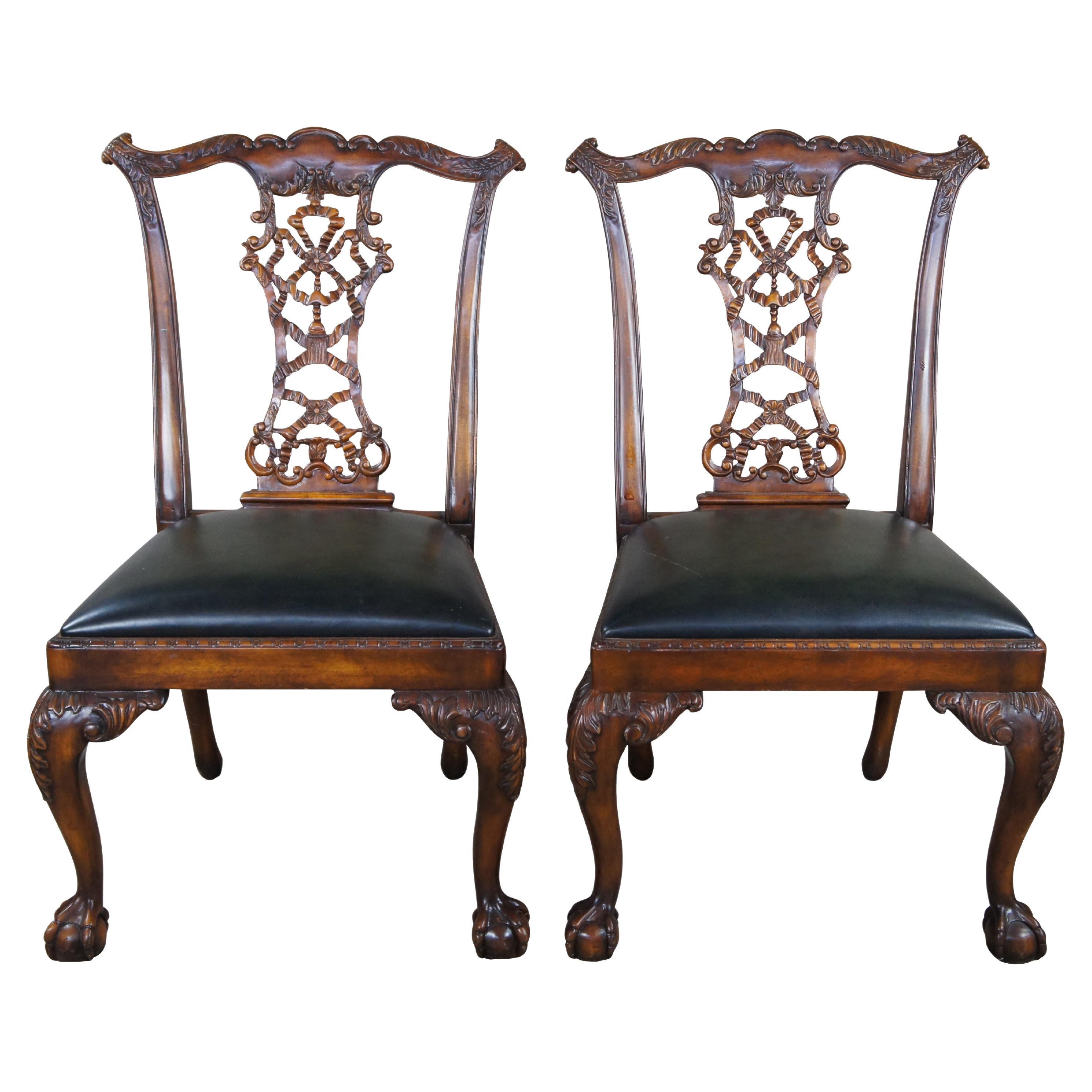 2 Theodore Alexander English Chippendale Carved Mahogany Leather Dining Chairs 