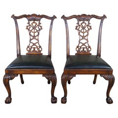 Retro 2 Theodore Alexander English Chippendale Carved Mahogany Leather Dining Chairs 