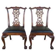 2 Theodore Alexander English Chippendale Carved Mahogany Leather Dining Chairs