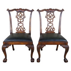 2 Theodore Alexander English Chippendale Carved Mahogany Leather Dining Chairs 