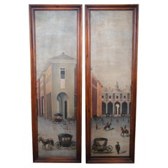 2 cuadros de paisajes urbanos de plazas europeas de Theodore Alexander sobre tabla, enmarcados 74".
