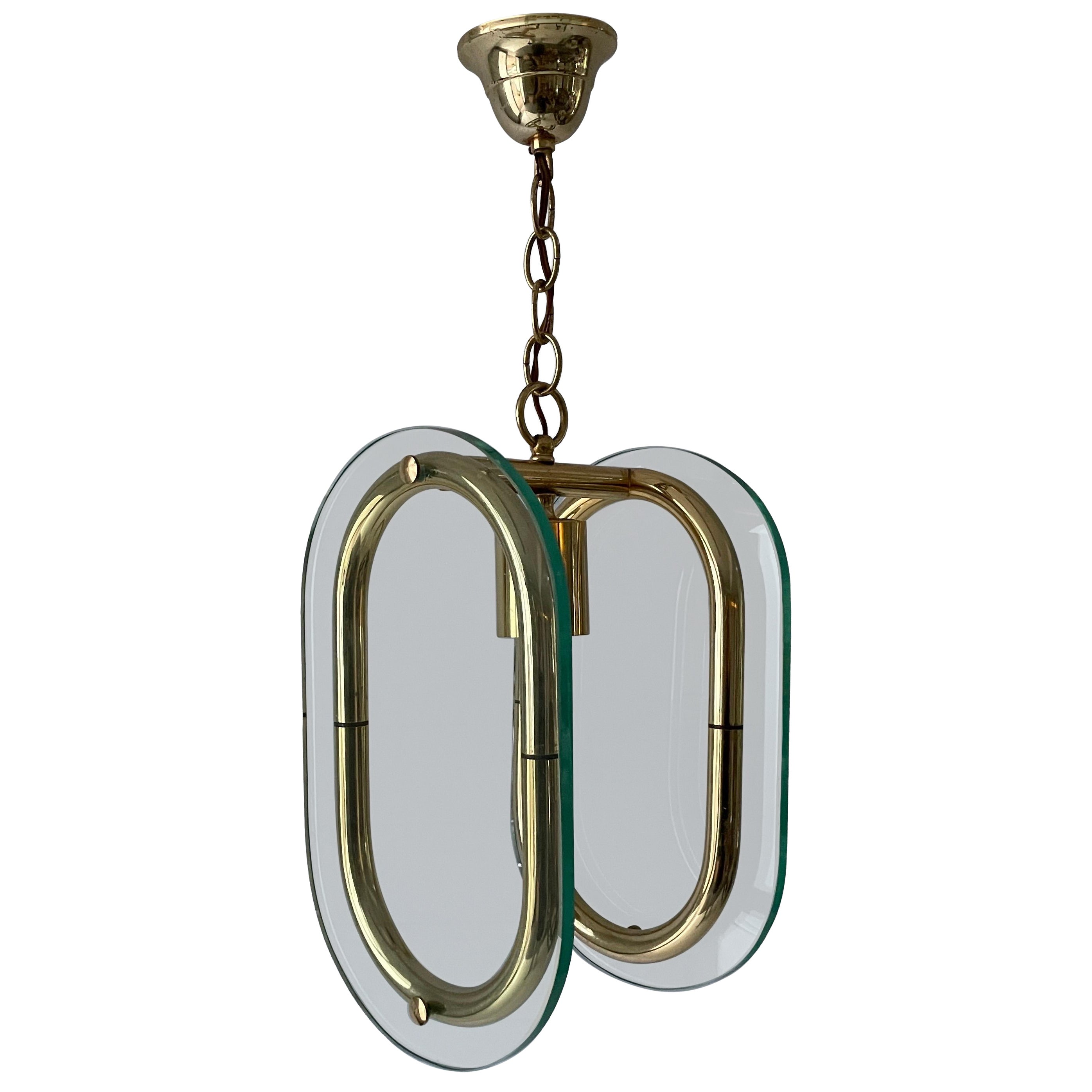 Lámpara de techo de 2 cuerpos gruesos de vidrio y latón, años 70, Italia en venta