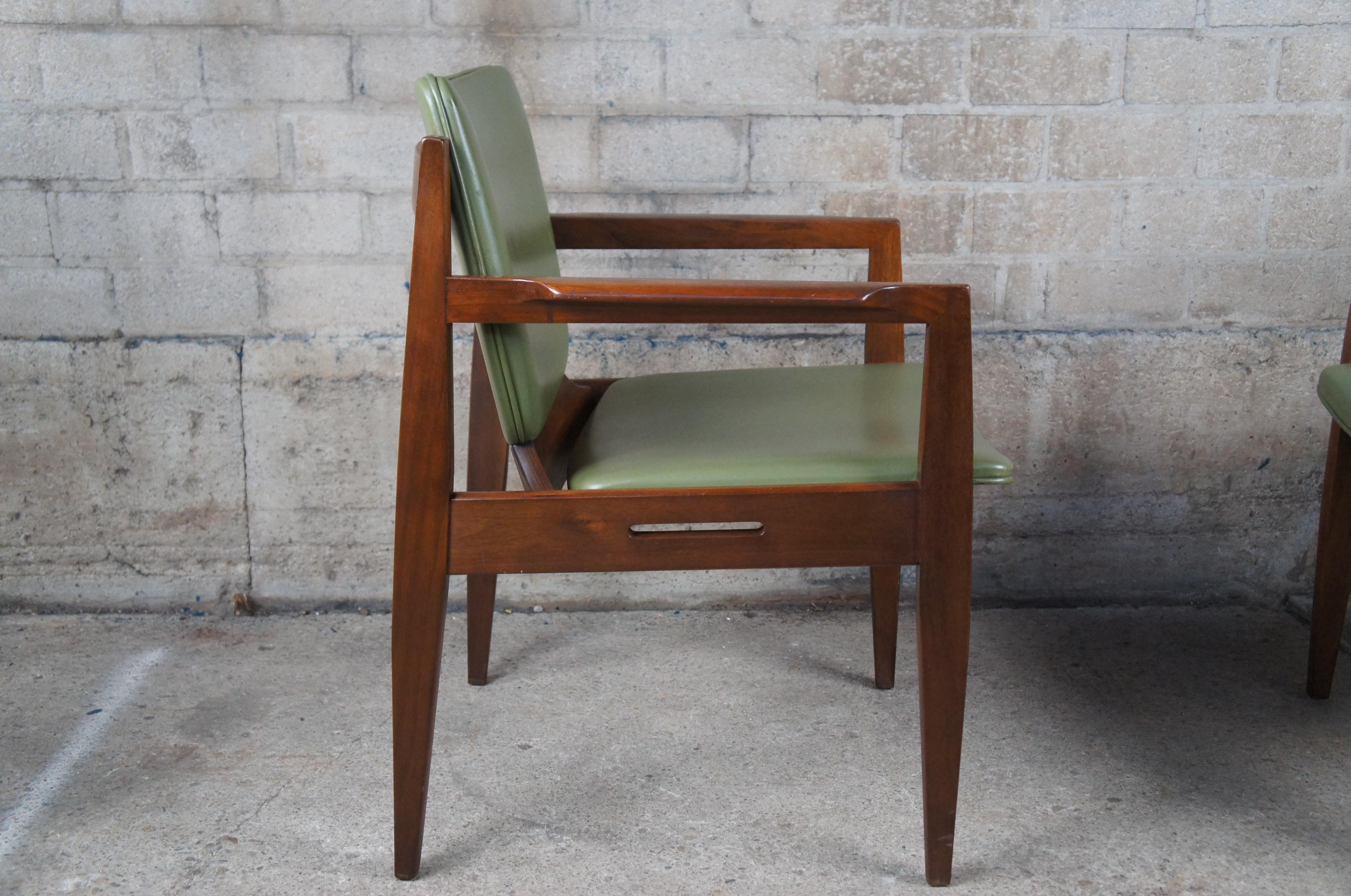 Faux Leather 2 Thonet Mid-Century Modern Walnut & Green Vinyl Office Library Arm Chairs Pair