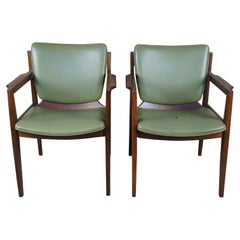 2 Thonet Mid-Century Modern Walnut & Green Vinyl Office Library Arm Chairs Pair