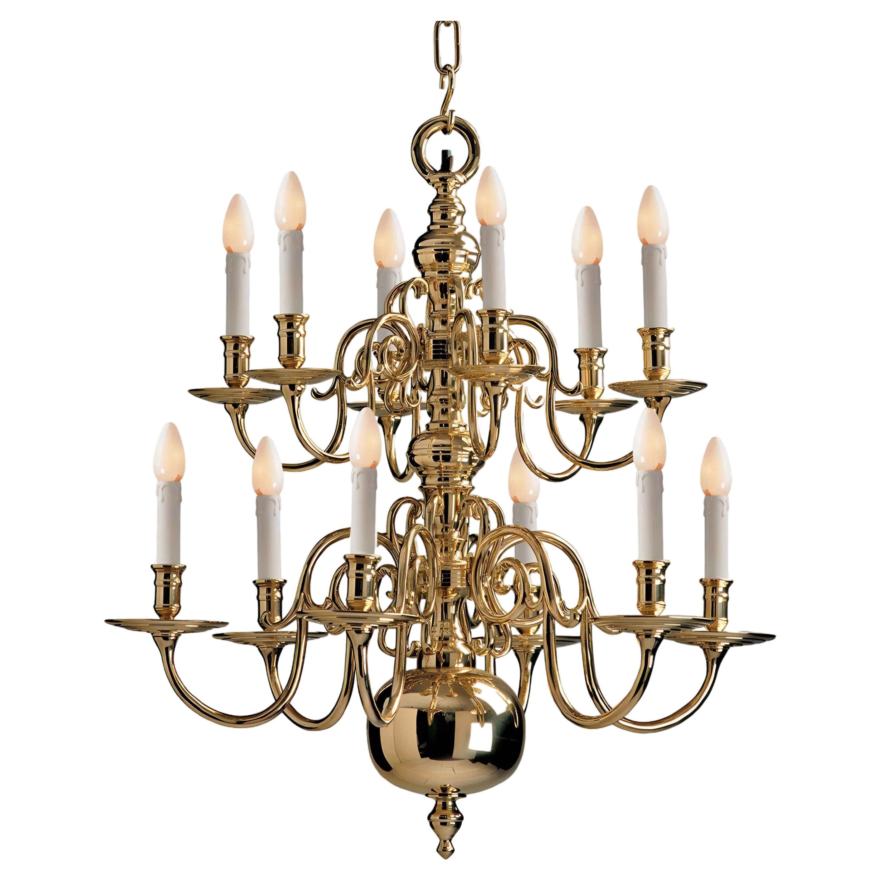 2 Tier 17th Century Electric Model Dutch Brass Chandelier with 12 Lights H80xW77 For Sale