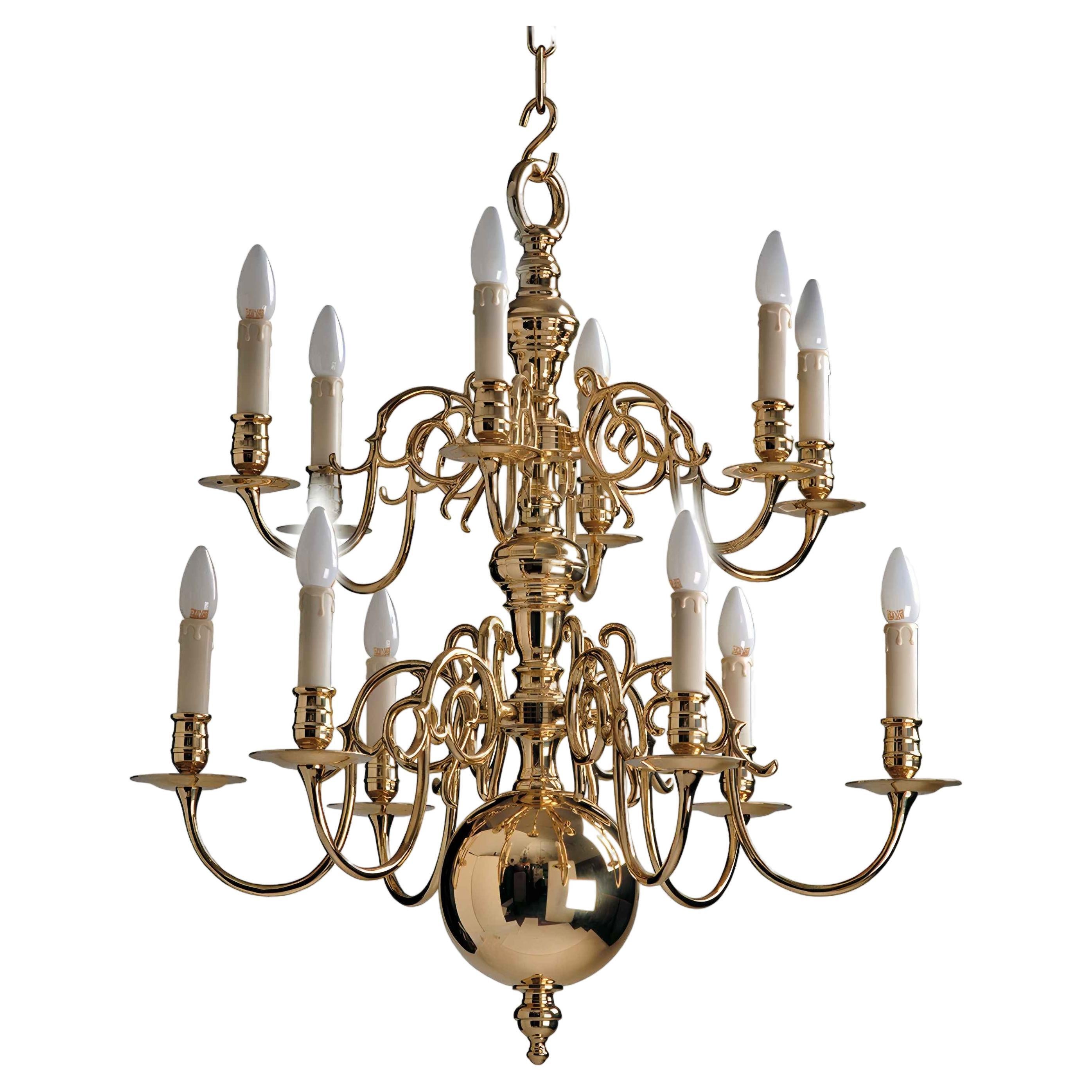 2 Tier 17th Century Electric Model Dutch Brass Chandelier with 12 Lights H85xW74 For Sale