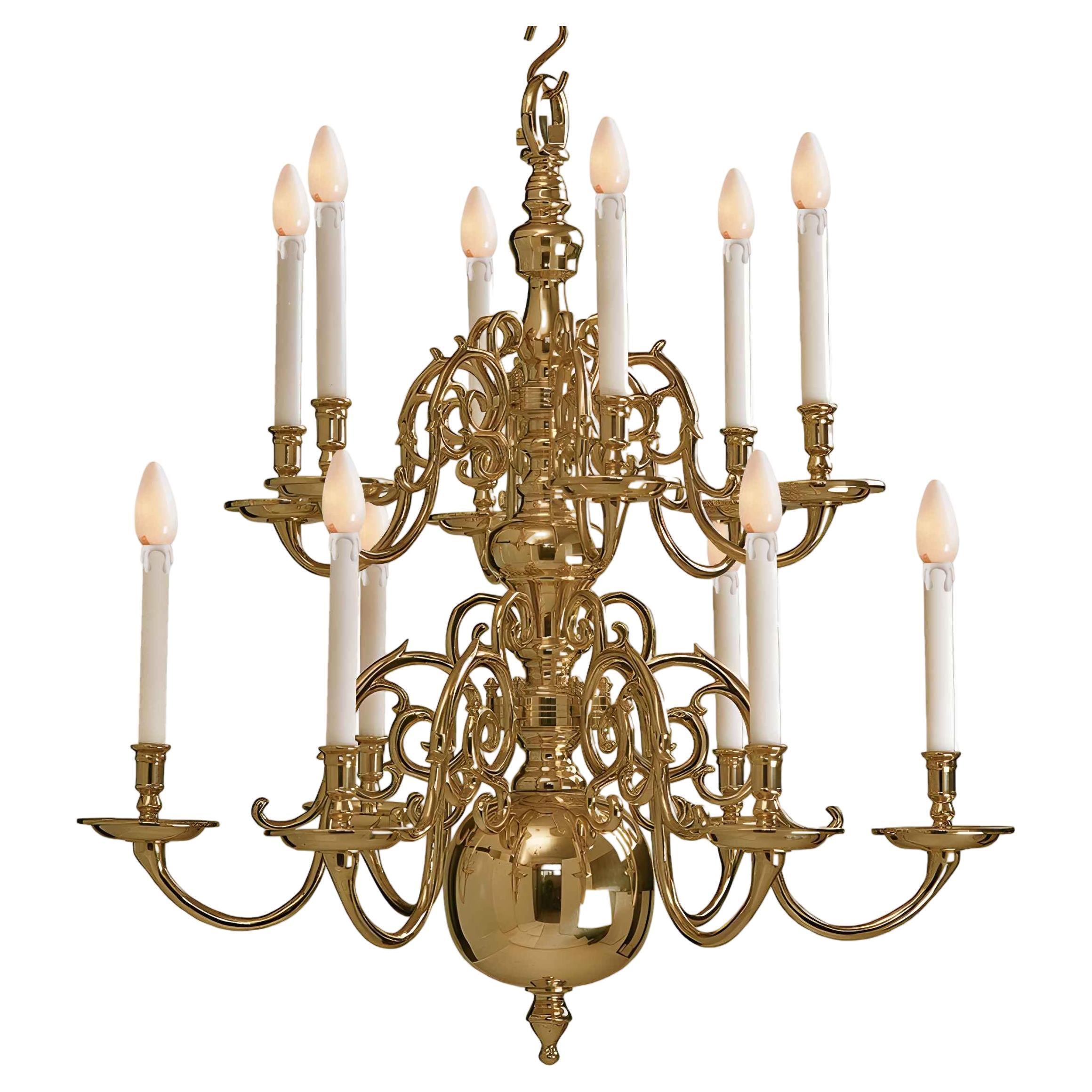 2 Tier 17th Century Electric Model Dutch Brass Chandelier with 12 Lights H85xW85 For Sale