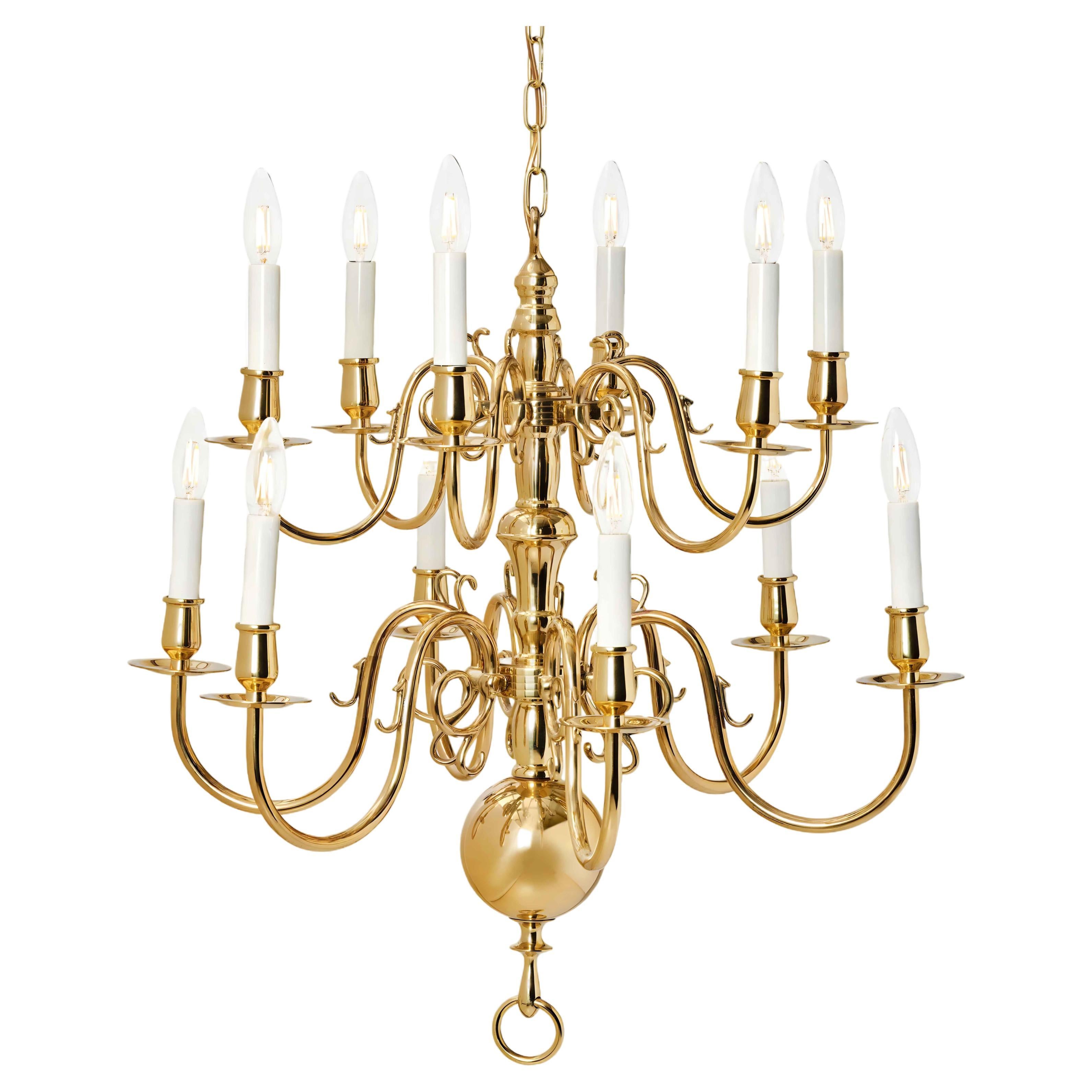 2 Tier 19th Century Electric Model Dutch Brass Chandelier with 12 Lights H62xW54 For Sale