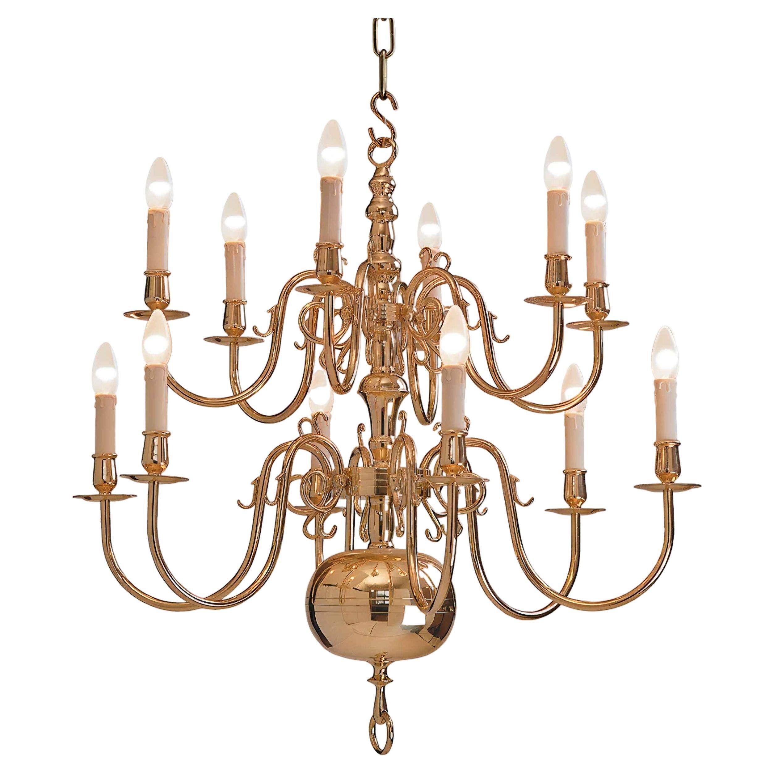 2 Tier 19th Century Electric Model Dutch Brass Chandelier with 12 Lights H80xW82 For Sale