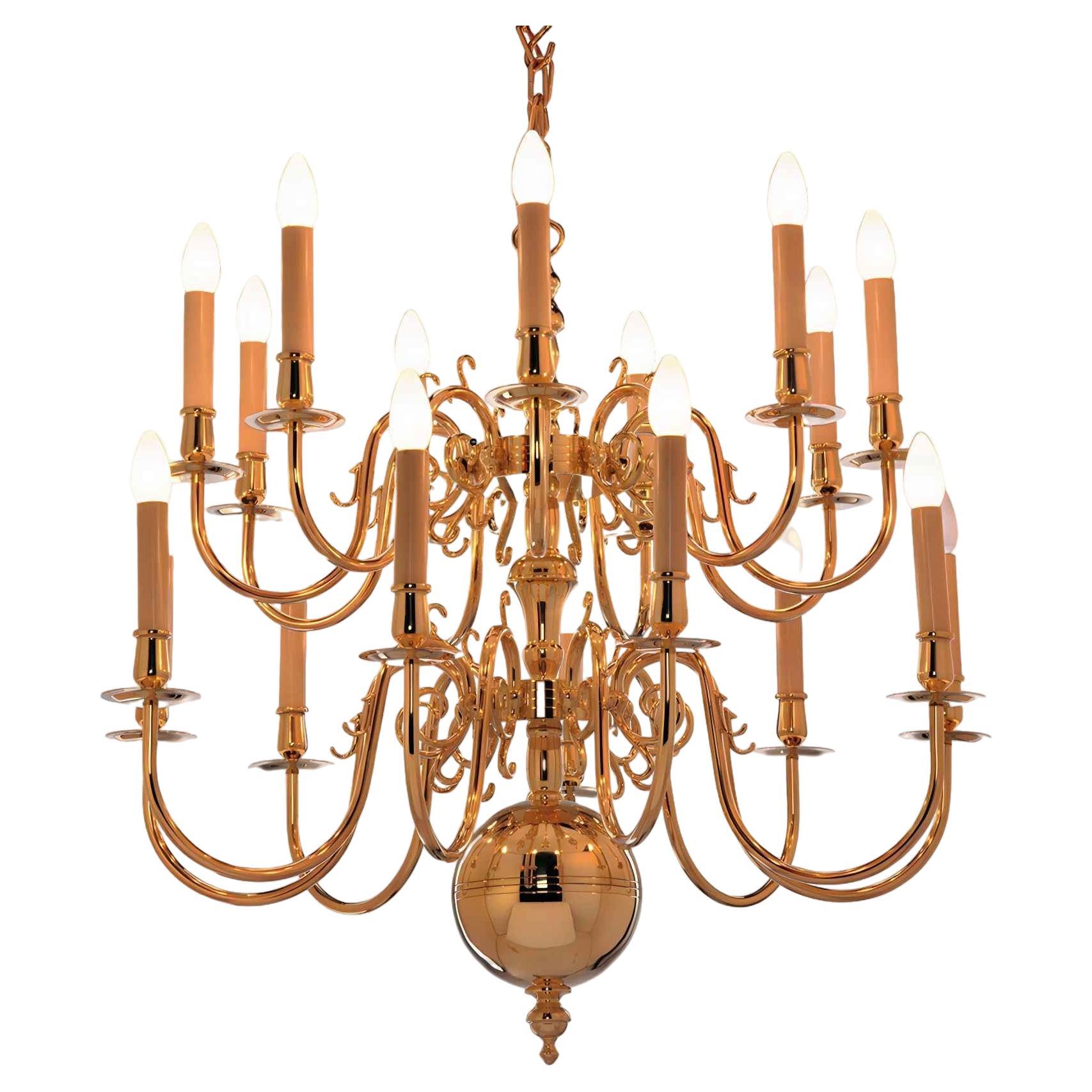 2 Tier 19th Century Electric Model Dutch Brass Chandelier with 18 Lights H82xW82 For Sale