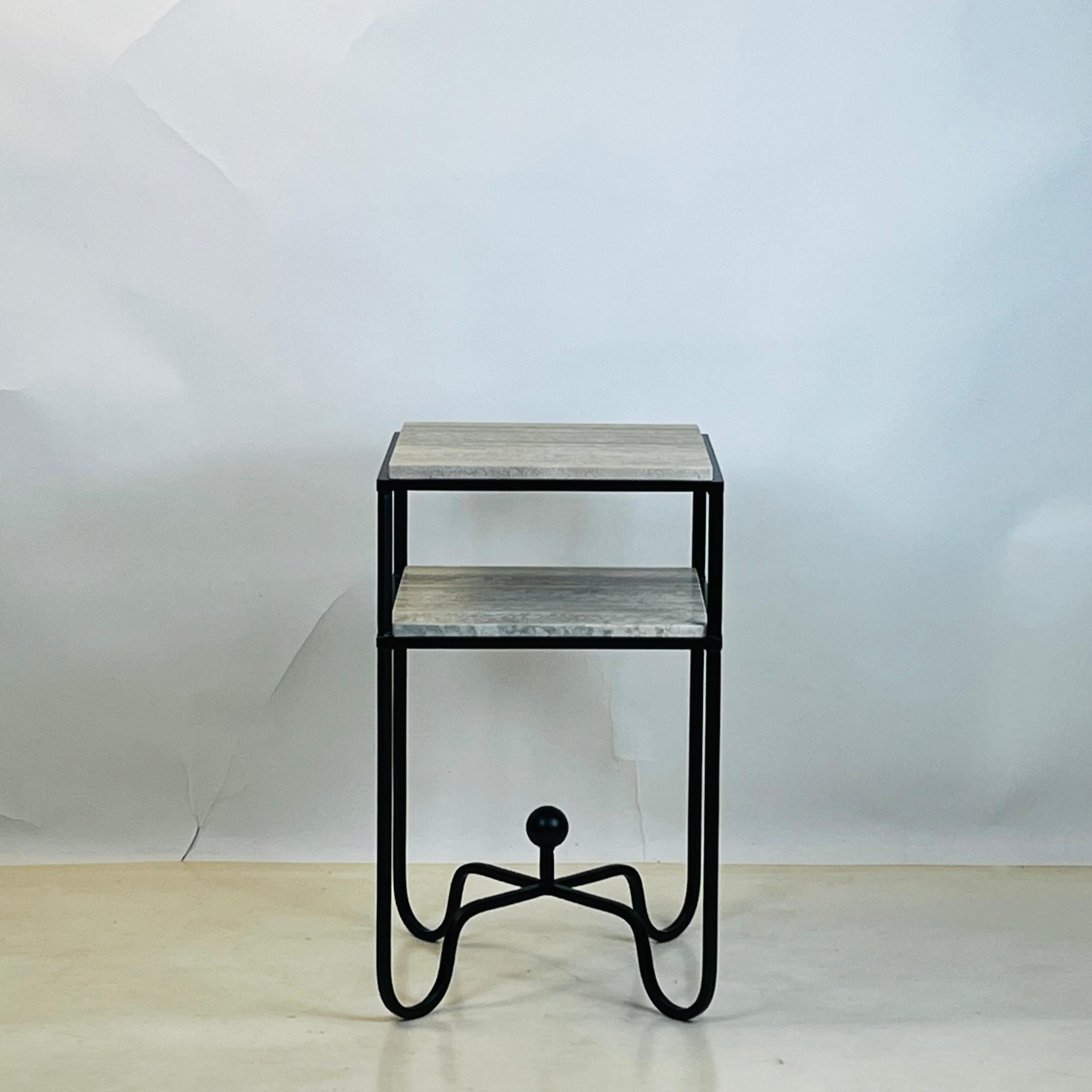 American 2-Tier Entretoise Side Table in Silver Travertine by Design Frères For Sale