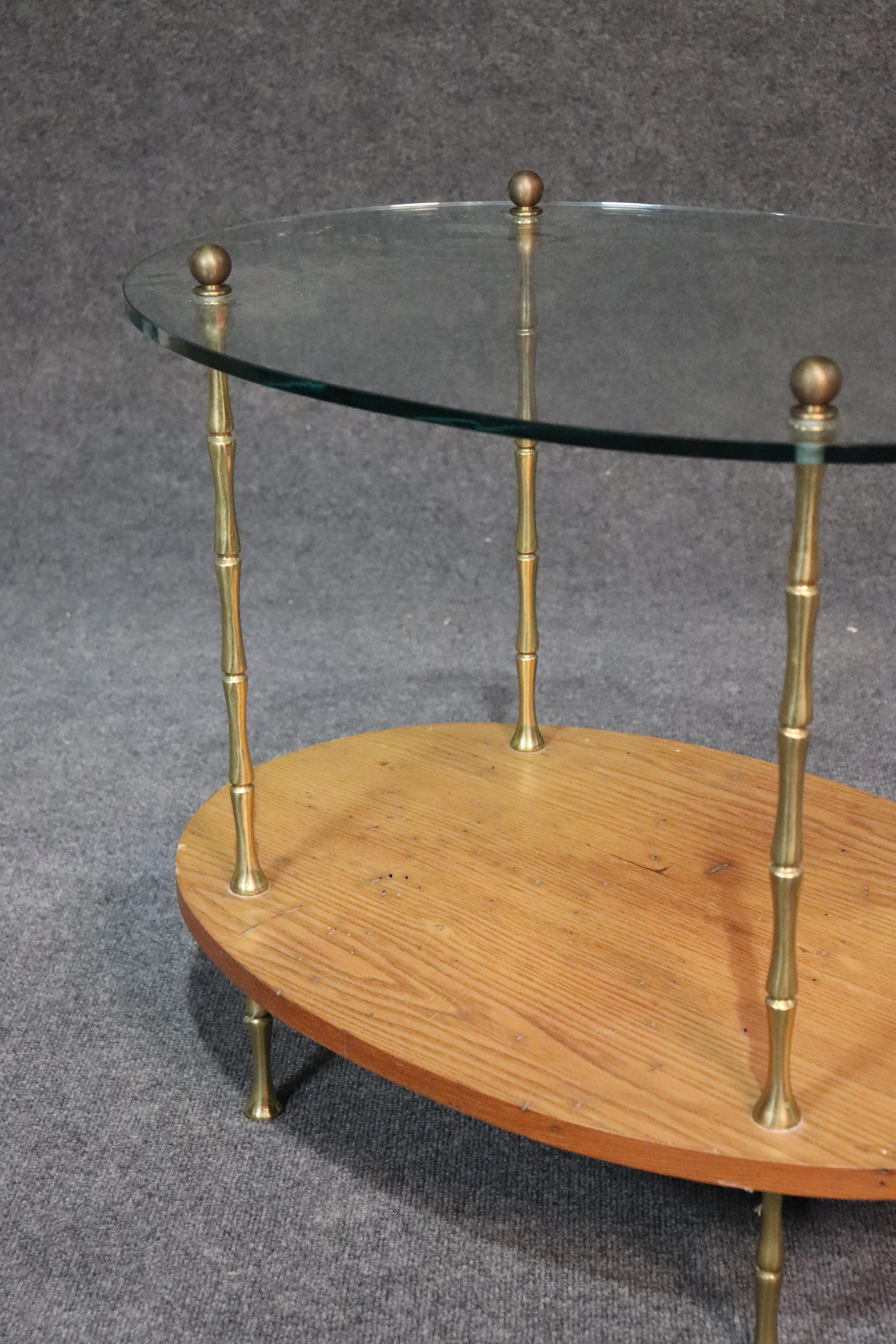 Brass 2-Tier Faux Bamboo Glass Top Table Attributed to Baguès