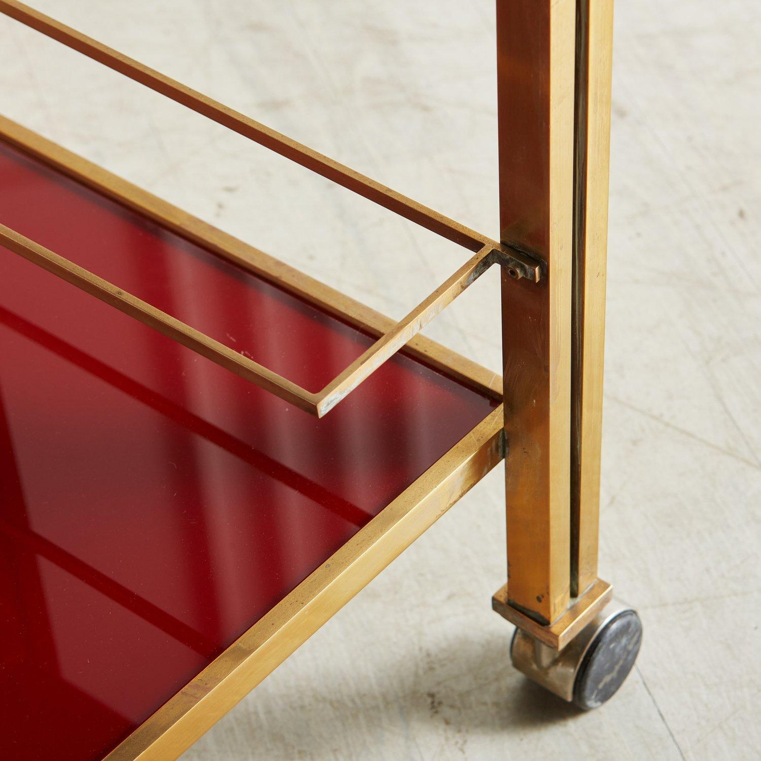 French 2-Tier Red Glass + Brass Bar Cart by Guy Lefevre for Maison Jansen, France 1960s