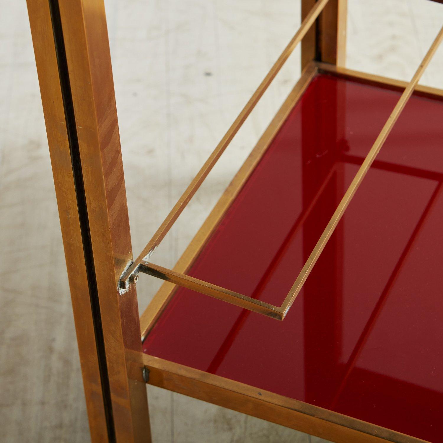 2-Tier Red Glass + Brass Bar Cart by Guy Lefevre for Maison Jansen, France 1960s 1
