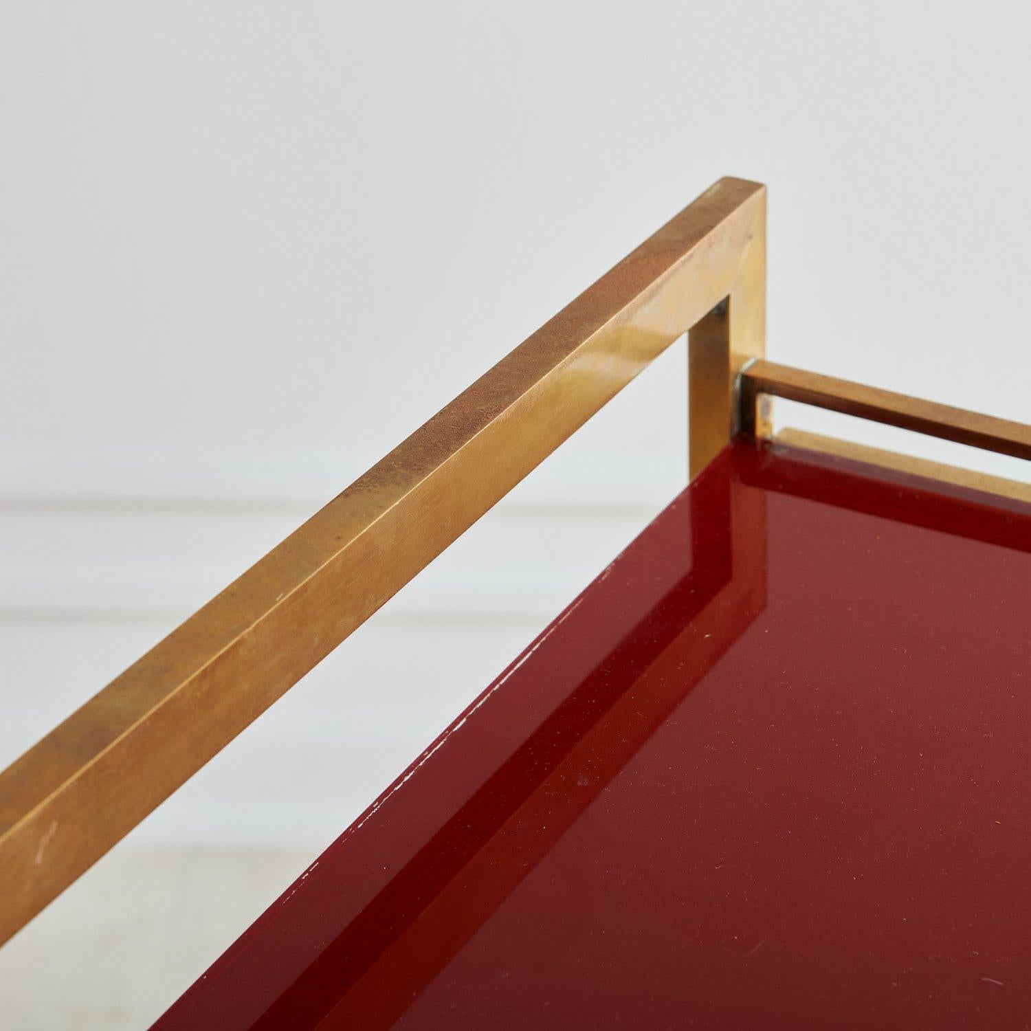 2-Tier Red Glass + Brass Bar Cart by Guy Lefevre for Maison Jansen, France 1960s 3