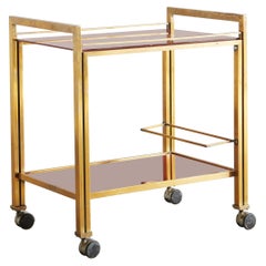 2-Tier Red Glass + Brass Bar Cart by Guy Lefevre for Maison Jansen, France 1960s