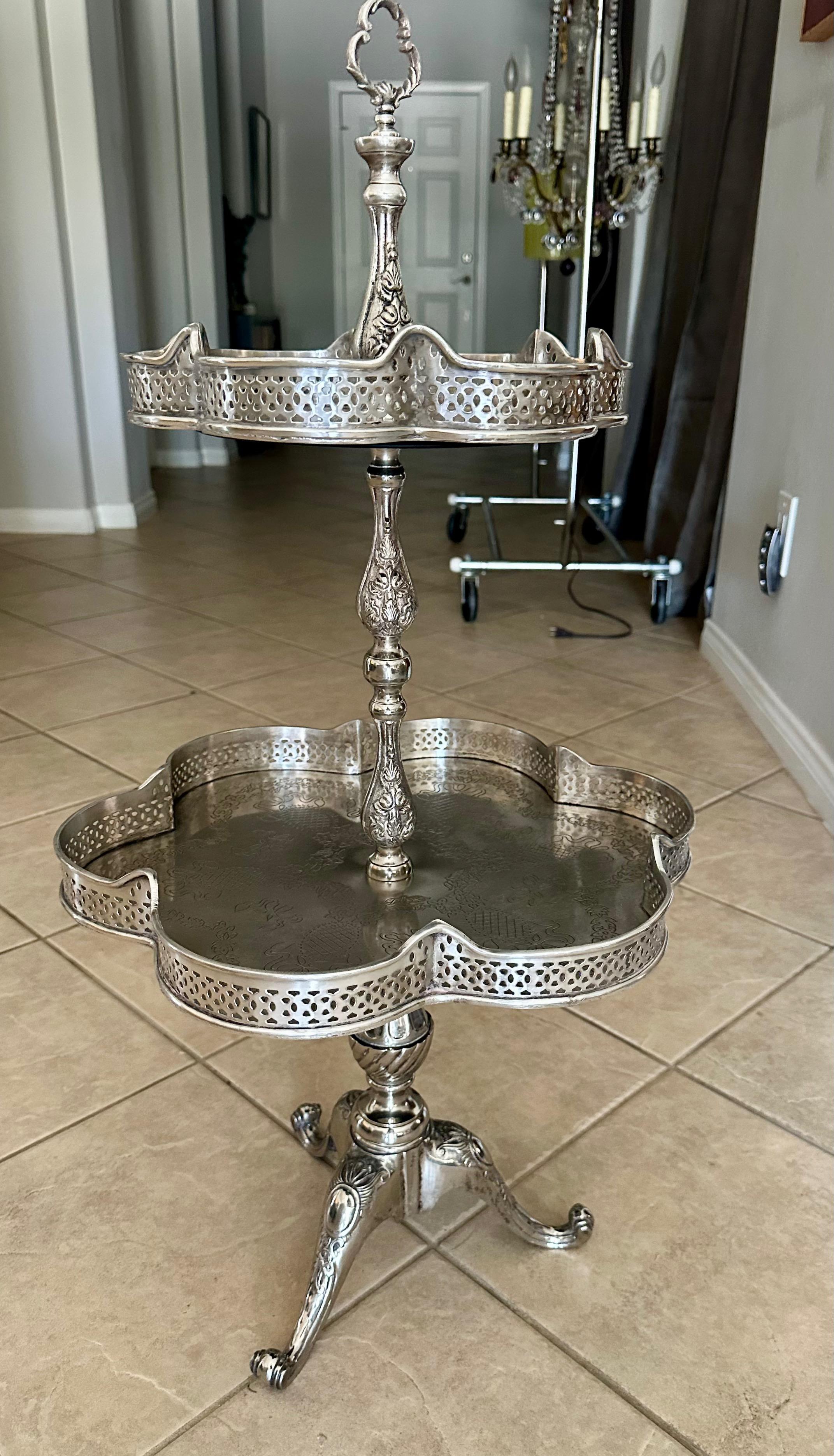 Metal 2-Tier Regency Silverplate Dessert/Beverage Etagere Display Table For Sale