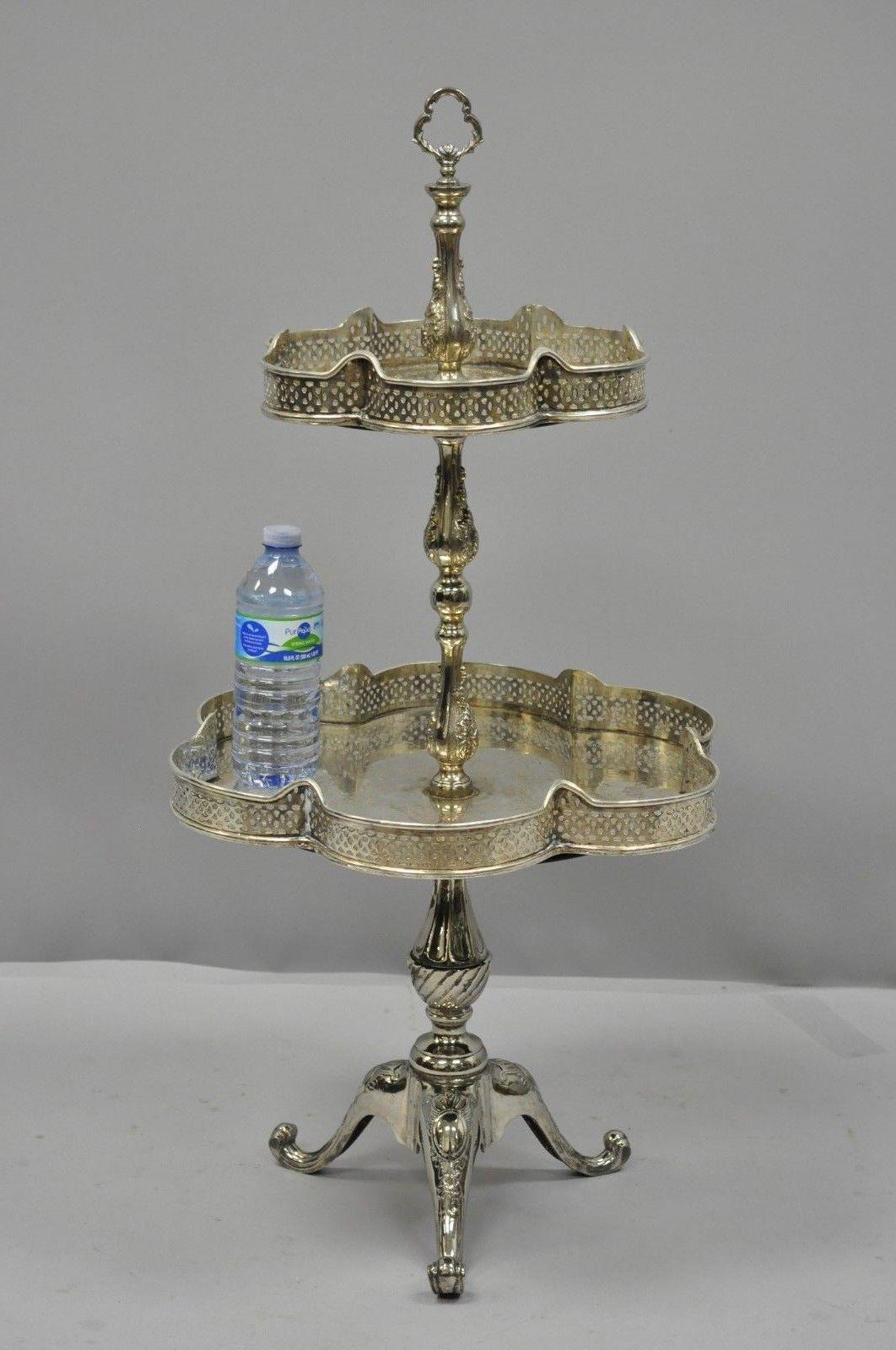 Vintage 2-tier silver plated regency style centerpiece pedestal base stand regency style, circa mid-late 20th century. Measurements: 34