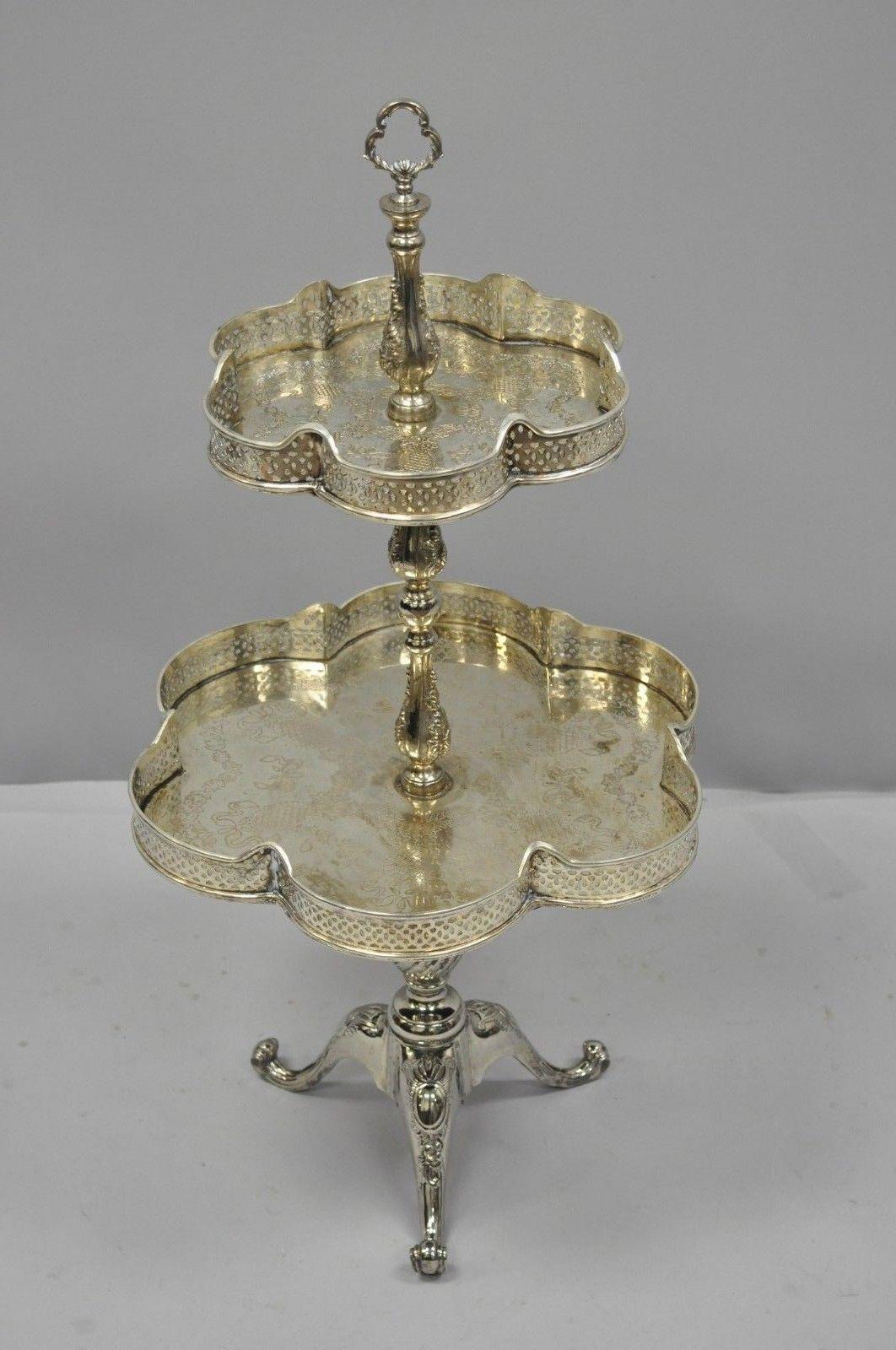 2-Tier Silver Plated Regency Style Dessert Tray Stand Platter Centerpiece Tazza 2