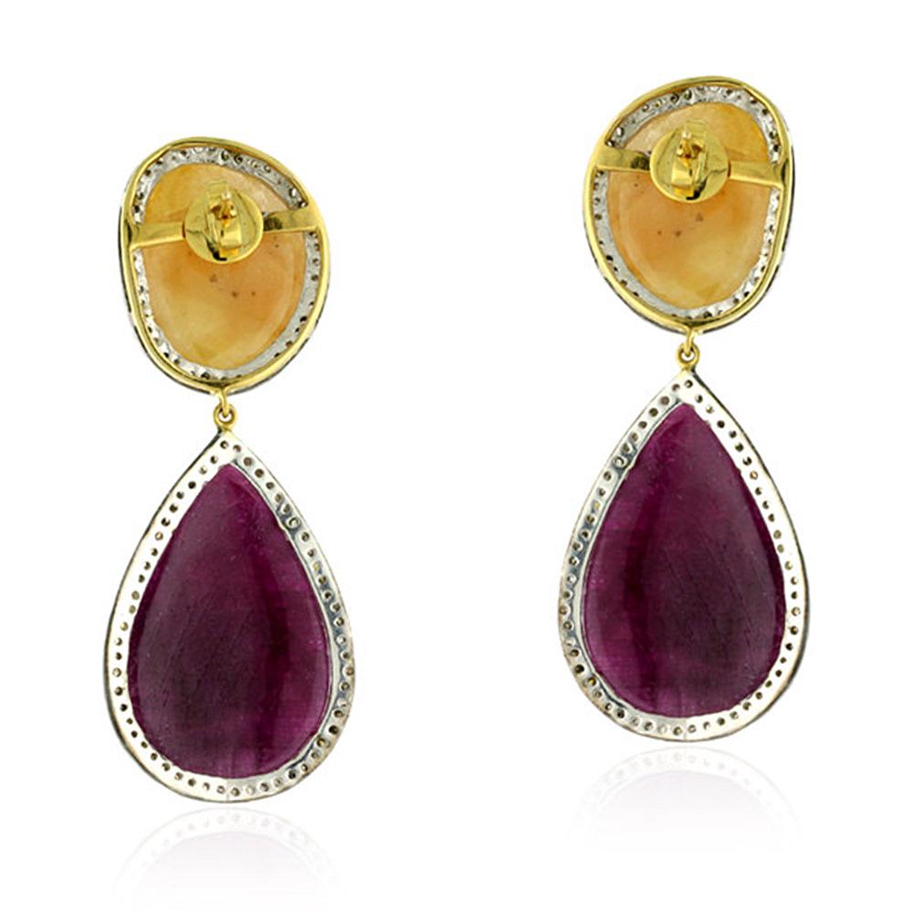 Artisan 2-Tier Sliced Yellow and Pink Sapphire Dangle Earring in Silver and Gold For Sale