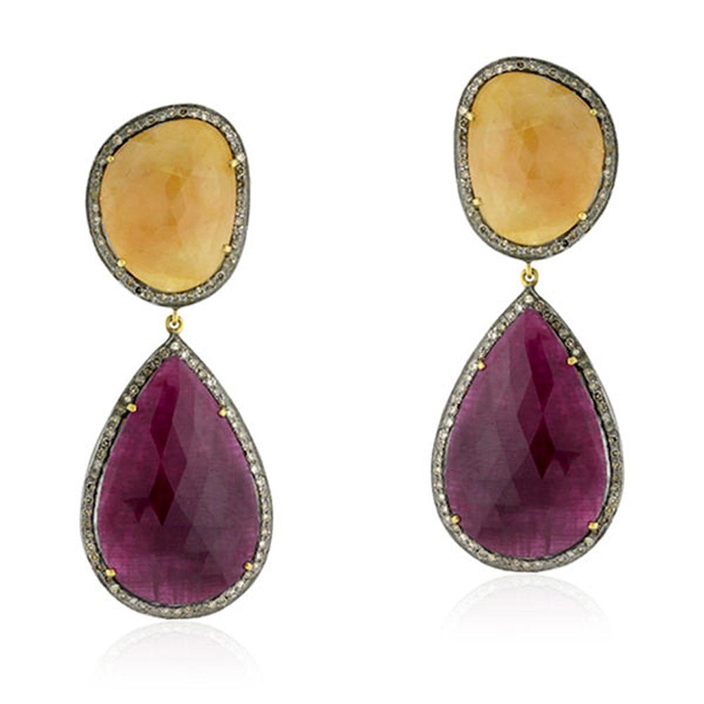 Mixed Cut 2-Tier Sliced Yellow and Pink Sapphire Dangle Earring in Silver and Gold For Sale