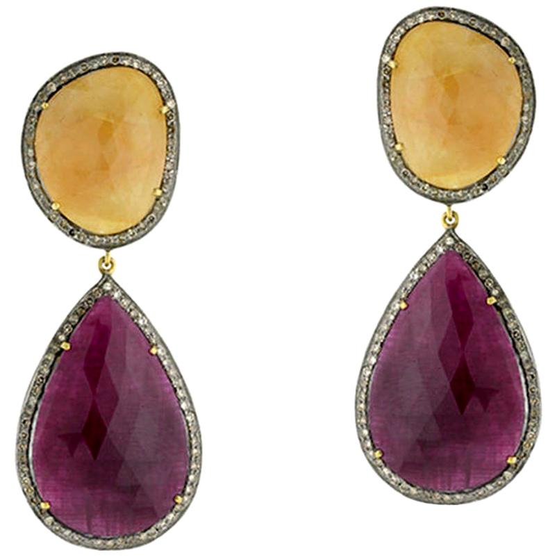 2-Tier Sliced Yellow and Pink Sapphire Dangle Earring in Silver and Gold For Sale