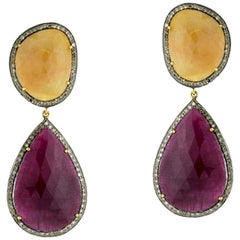 2-Tier Sliced Yellow and Pink Sapphire Dangle Earring in Silver and Gold