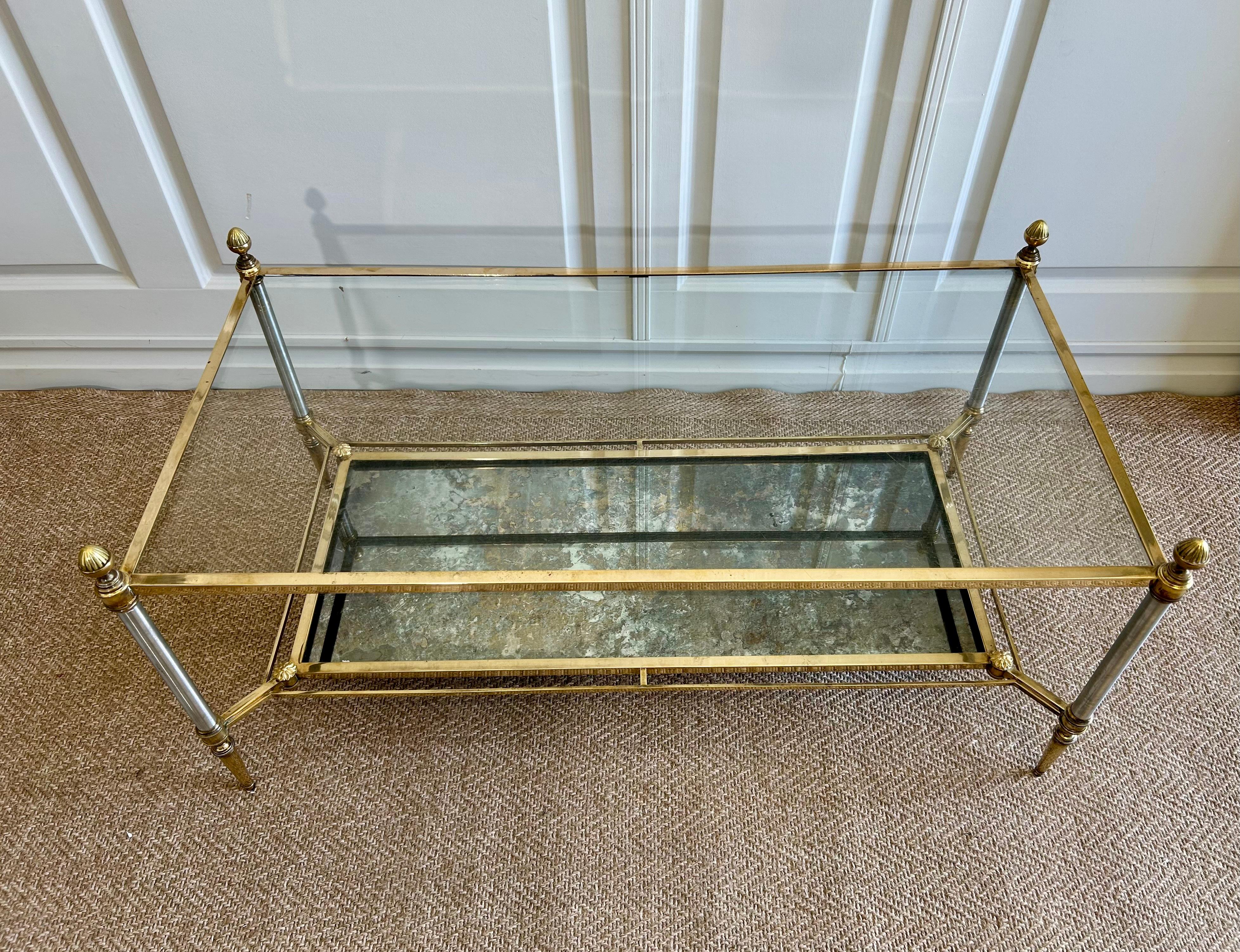 Brushed 2-Tiered Coffee Table by Maison Jansen, France, 1960's in Neoclassical Style For Sale