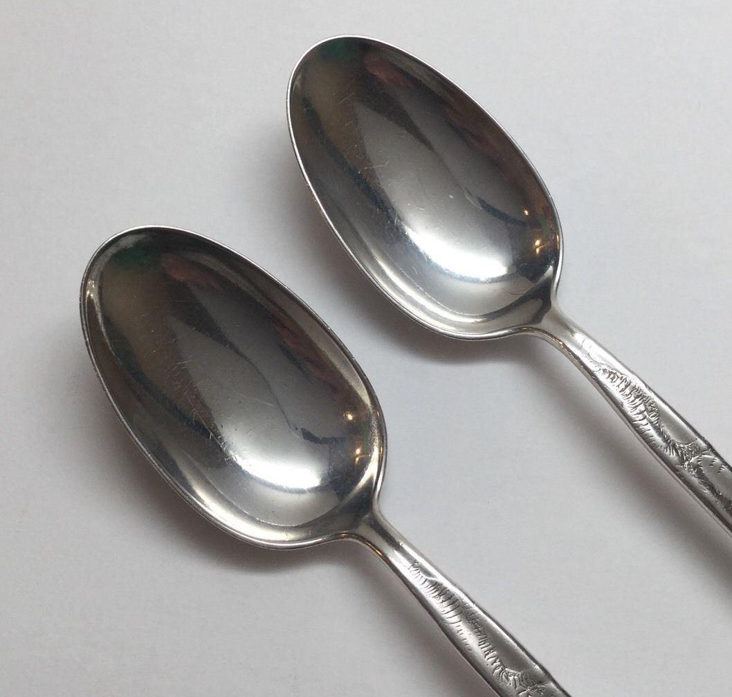 American 2 Tiffany & Co. Lap over Edge Etched Birds Sterling Silver Teaspoons