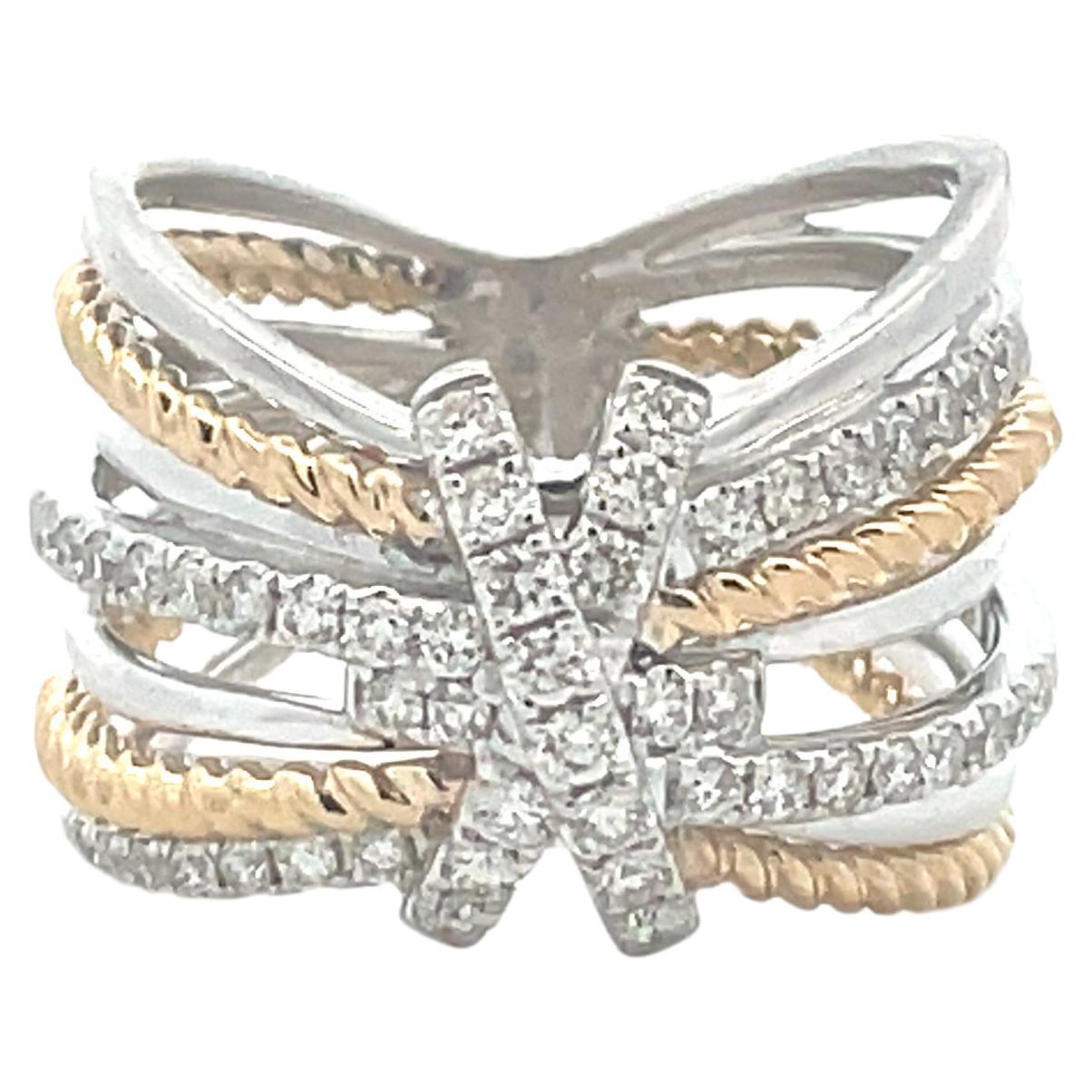 2 Tone Criss Cross Highway Ring with Pave Set Diamonds 14K Gold