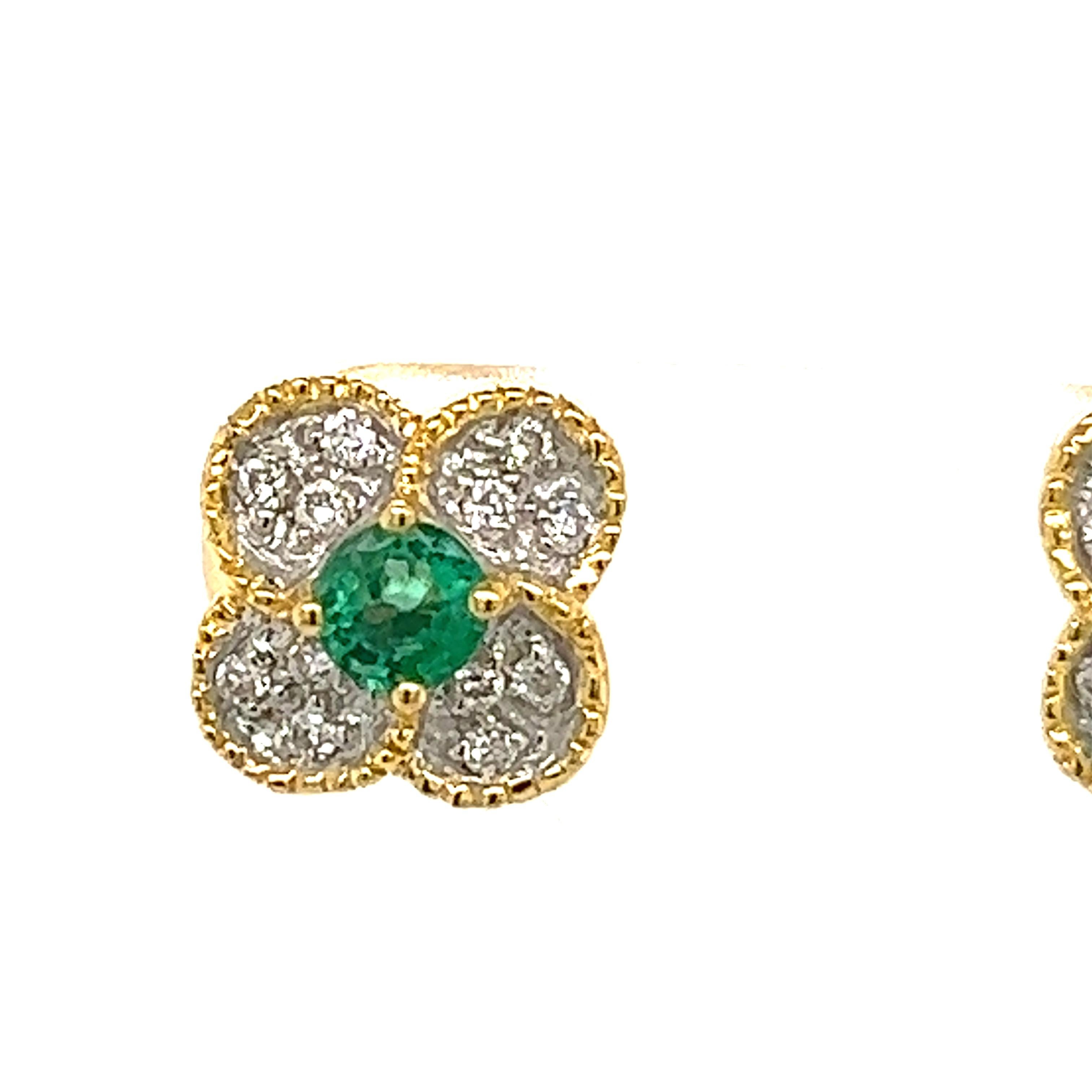 Round Cut 2 Tone Emerald and Diamond Flower Earrings For Sale