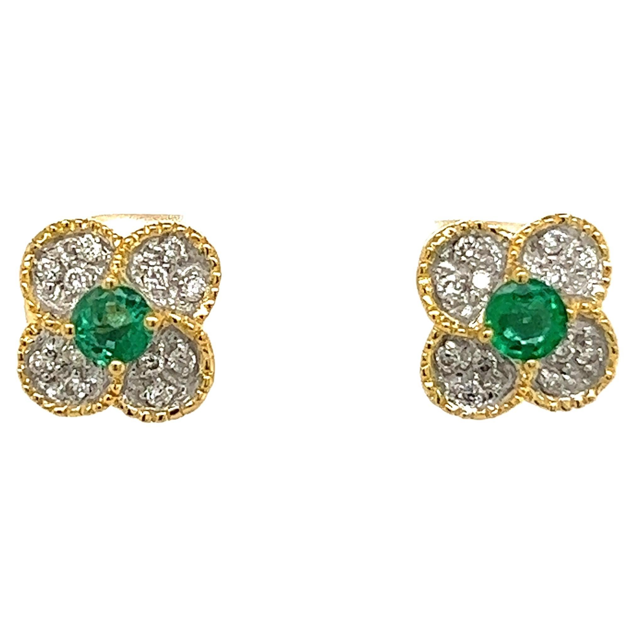 2 Tone Emerald and Diamond Flower Earrings For Sale