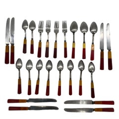2-Toned Butterscotch, Red, Green Bakelite Stainless Steel Flatware 34 Pieces Set