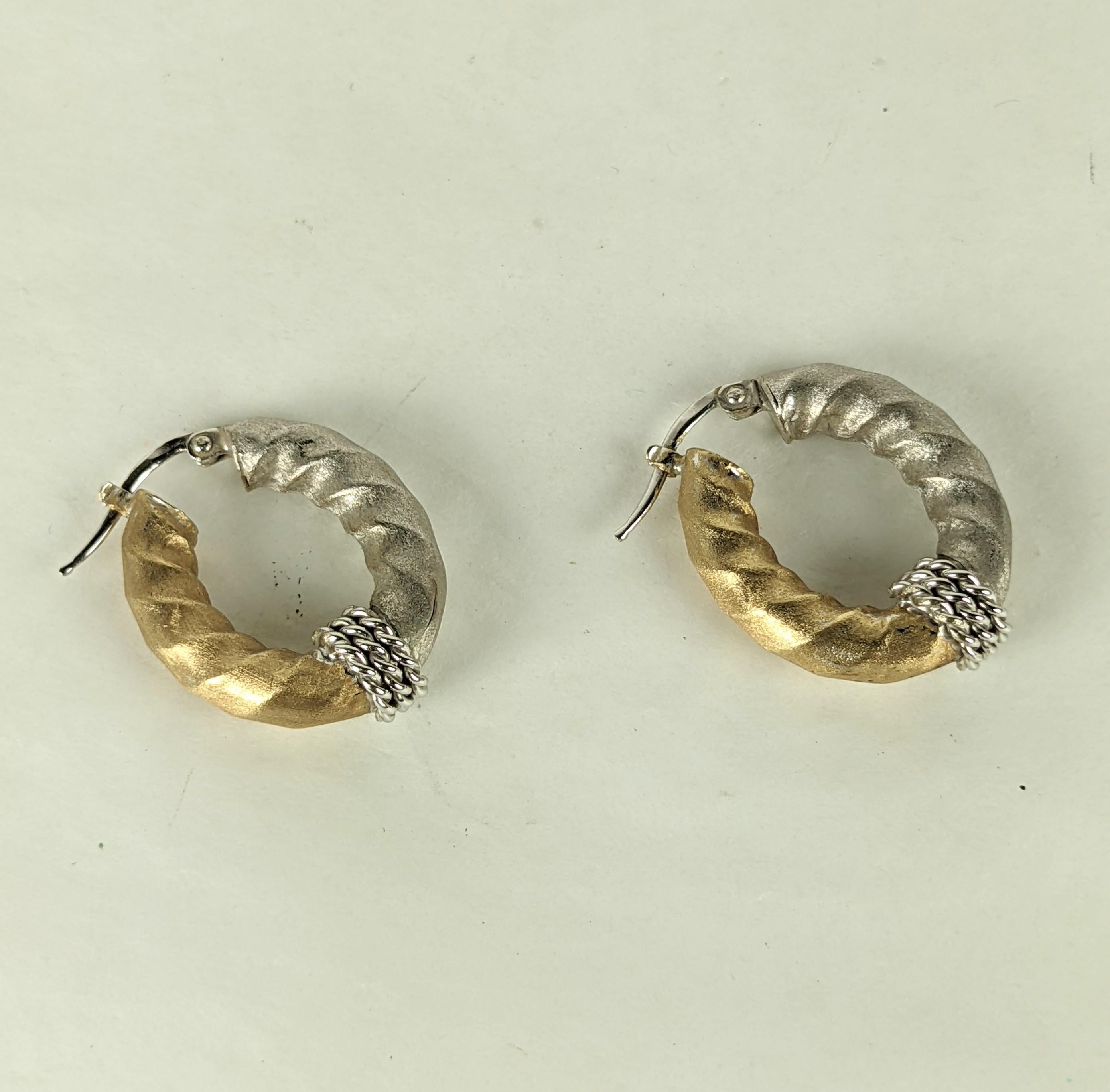 2 Toned Satin Finish 14k Gold Hoops In Excellent Condition In New York, NY