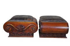 2 Traditional Grecian Roman Capital Carved Mahogany & Leather Ottomans Stools