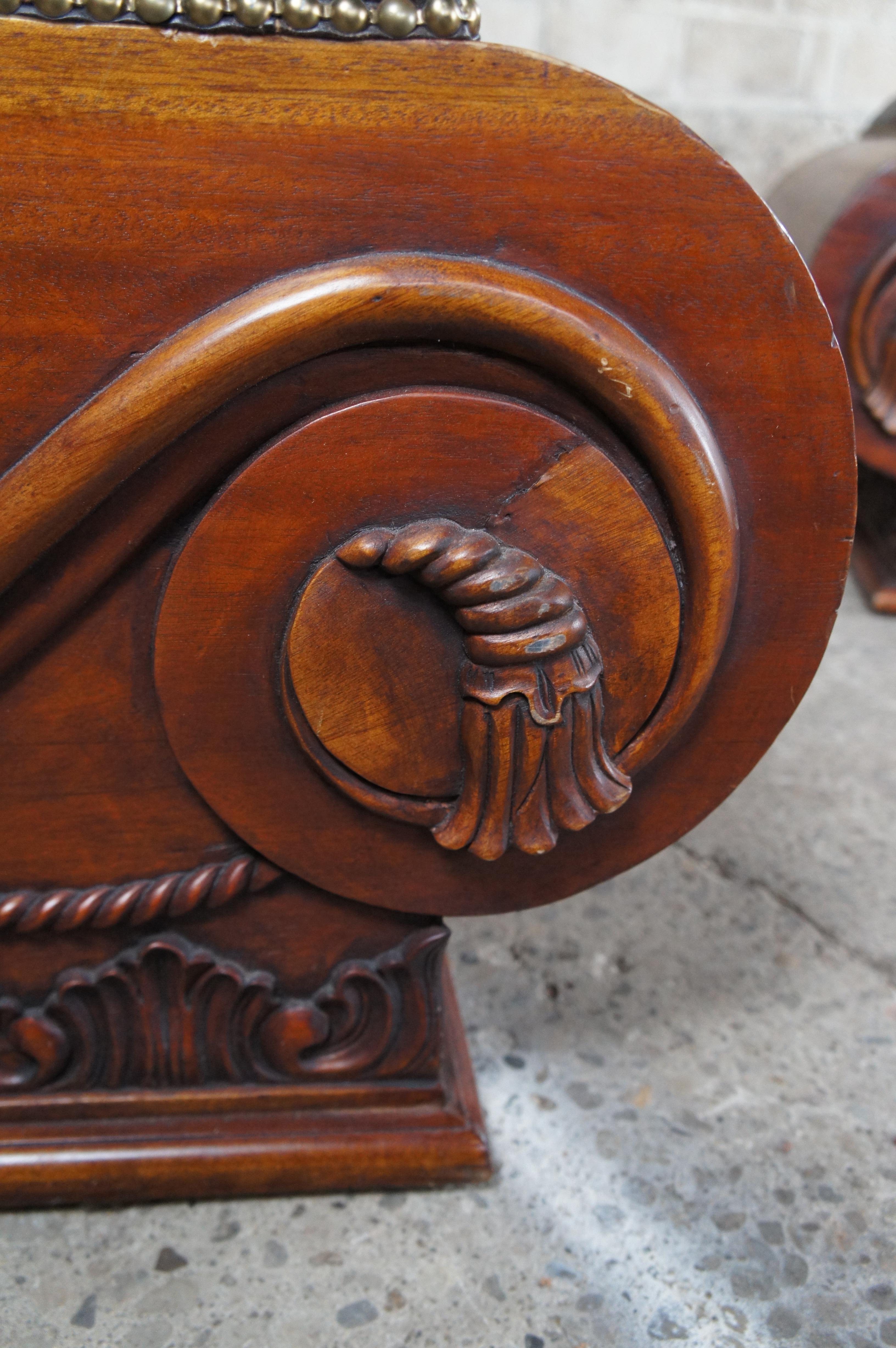2 Traditional Grecian Roman Capital Carved Mahogany & Leather Ottomans Stools For Sale 1