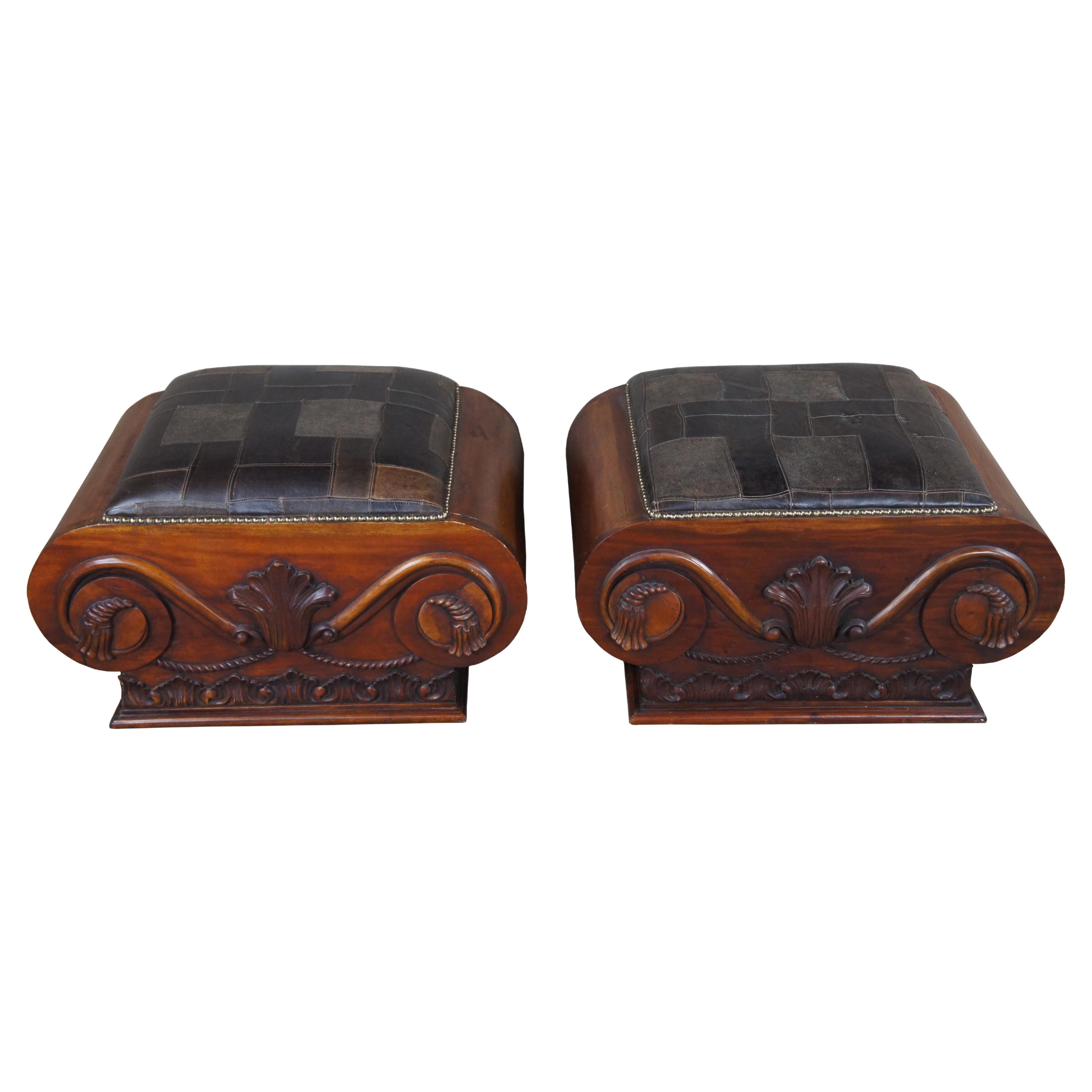 2 Traditional Grecian Roman Capital Carved Mahogany & Leather Ottomans Stools For Sale