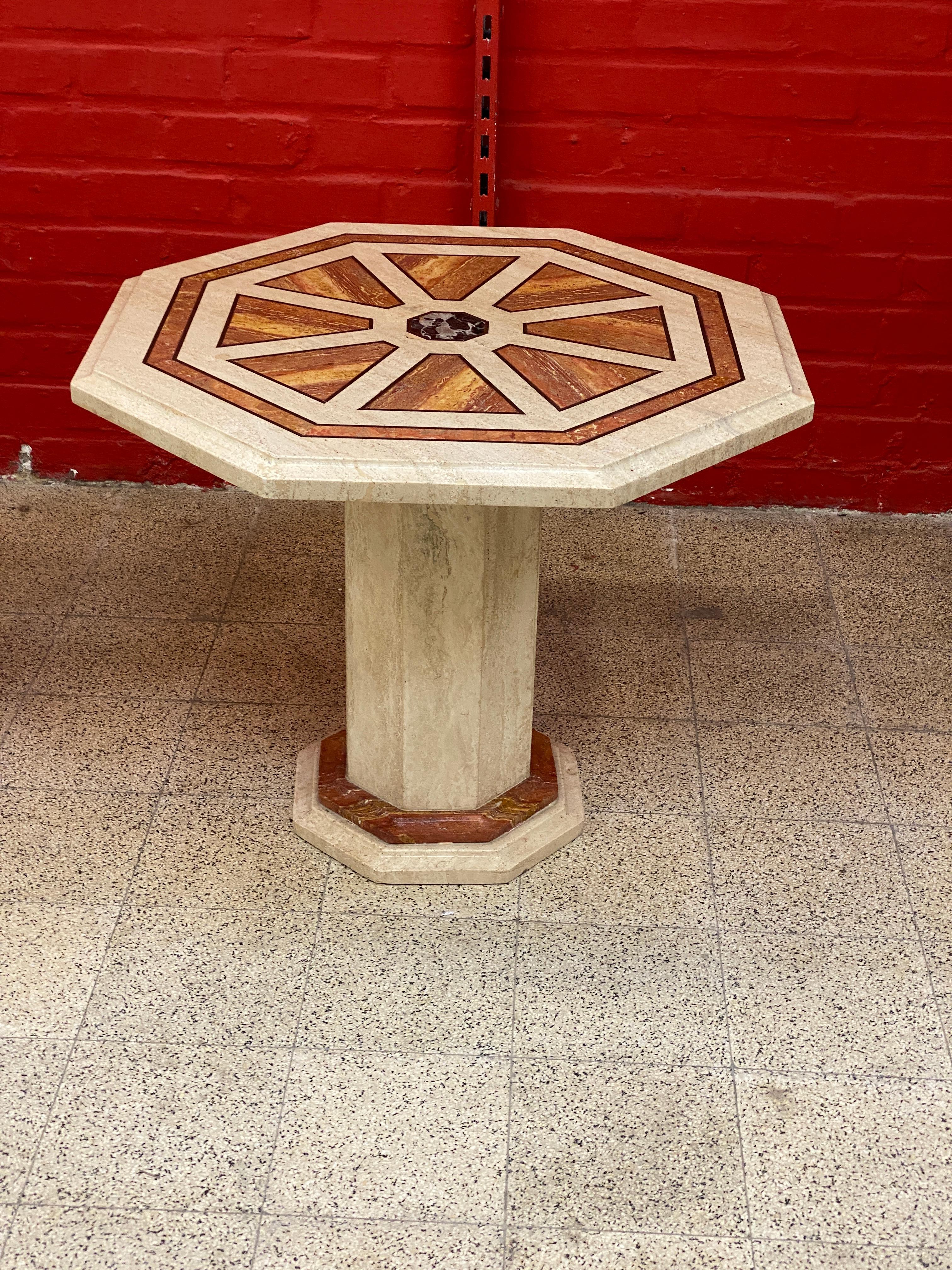2 Travertine Side Tables, with Brass and Marble Inlay, circa 1970 For Sale 4