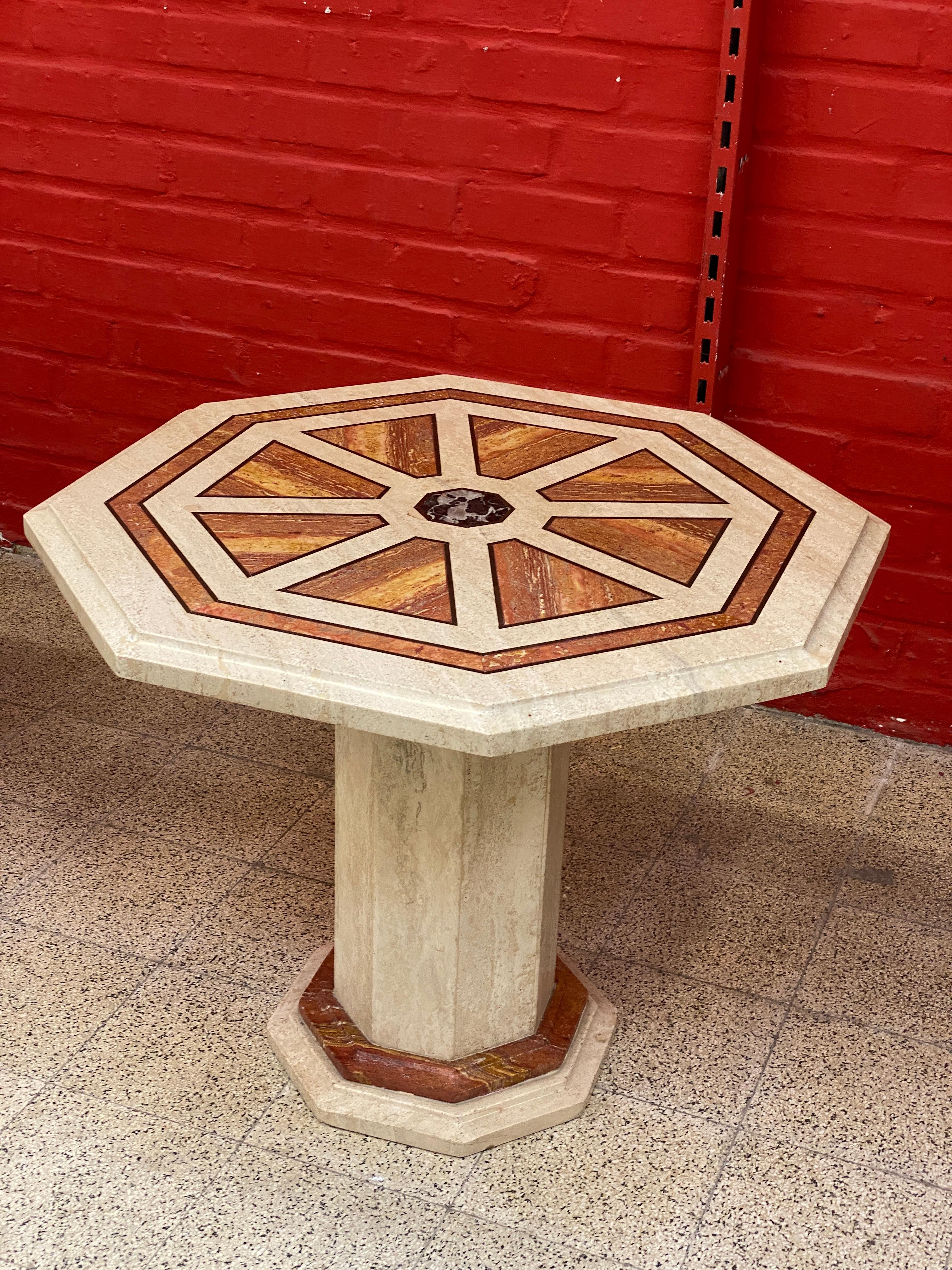 2 Travertine Side Tables, with Brass and Marble Inlay, circa 1970 For Sale 5