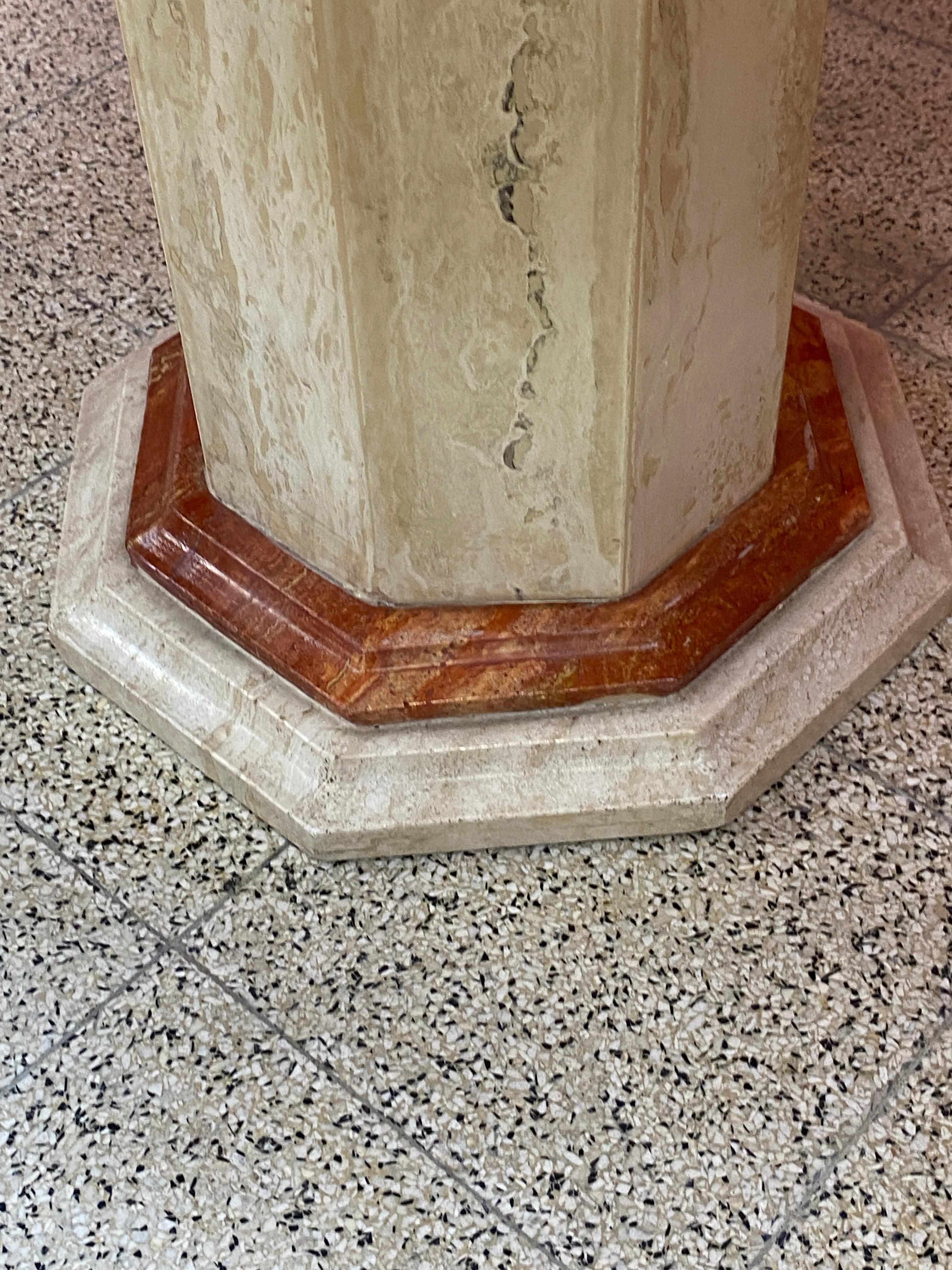 2 Travertine Side Tables, with Brass and Marble Inlay, circa 1970 For Sale 6