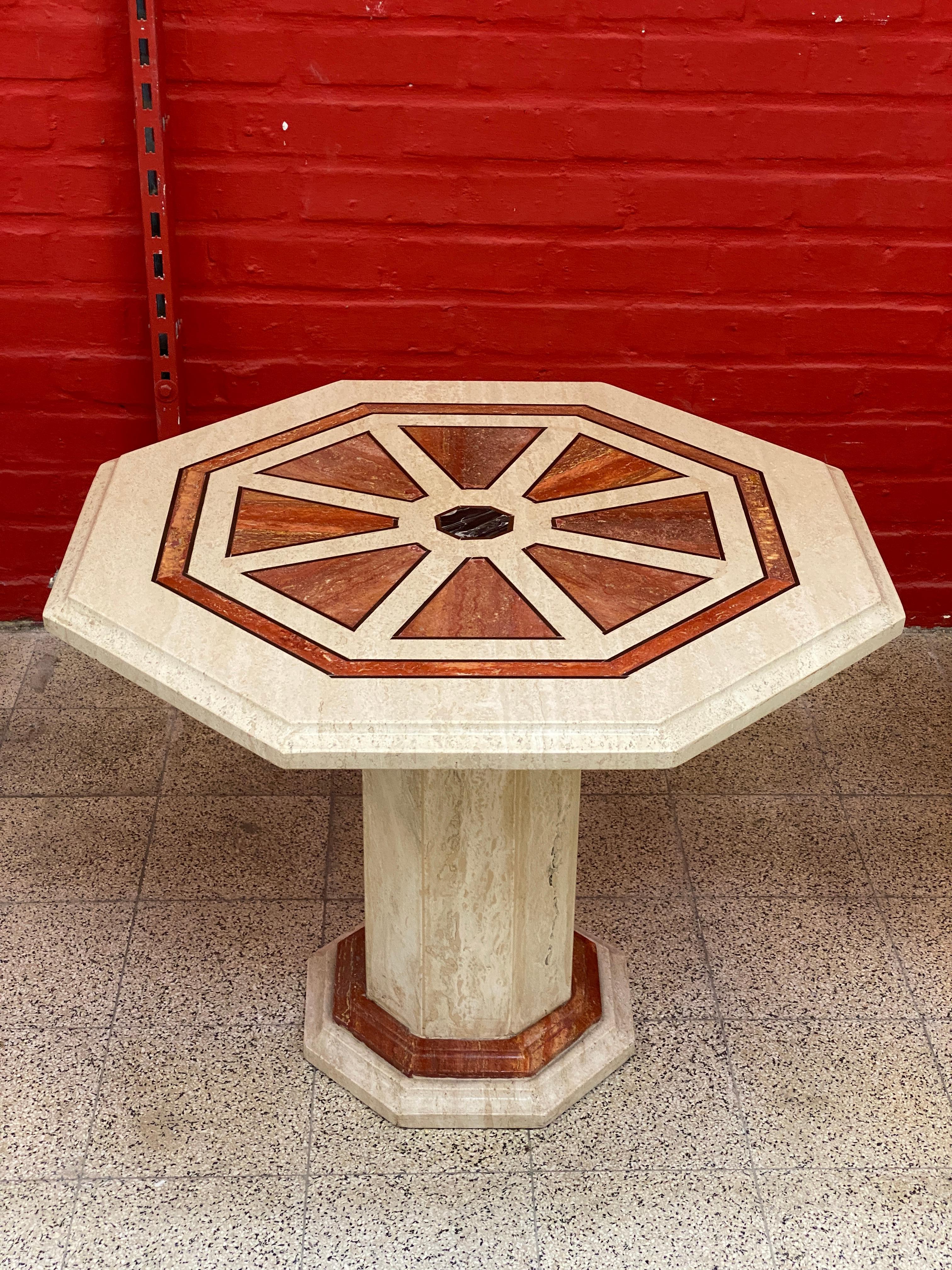 2 Travertine Side Tables, with Brass and Marble Inlay, circa 1970 For Sale 8