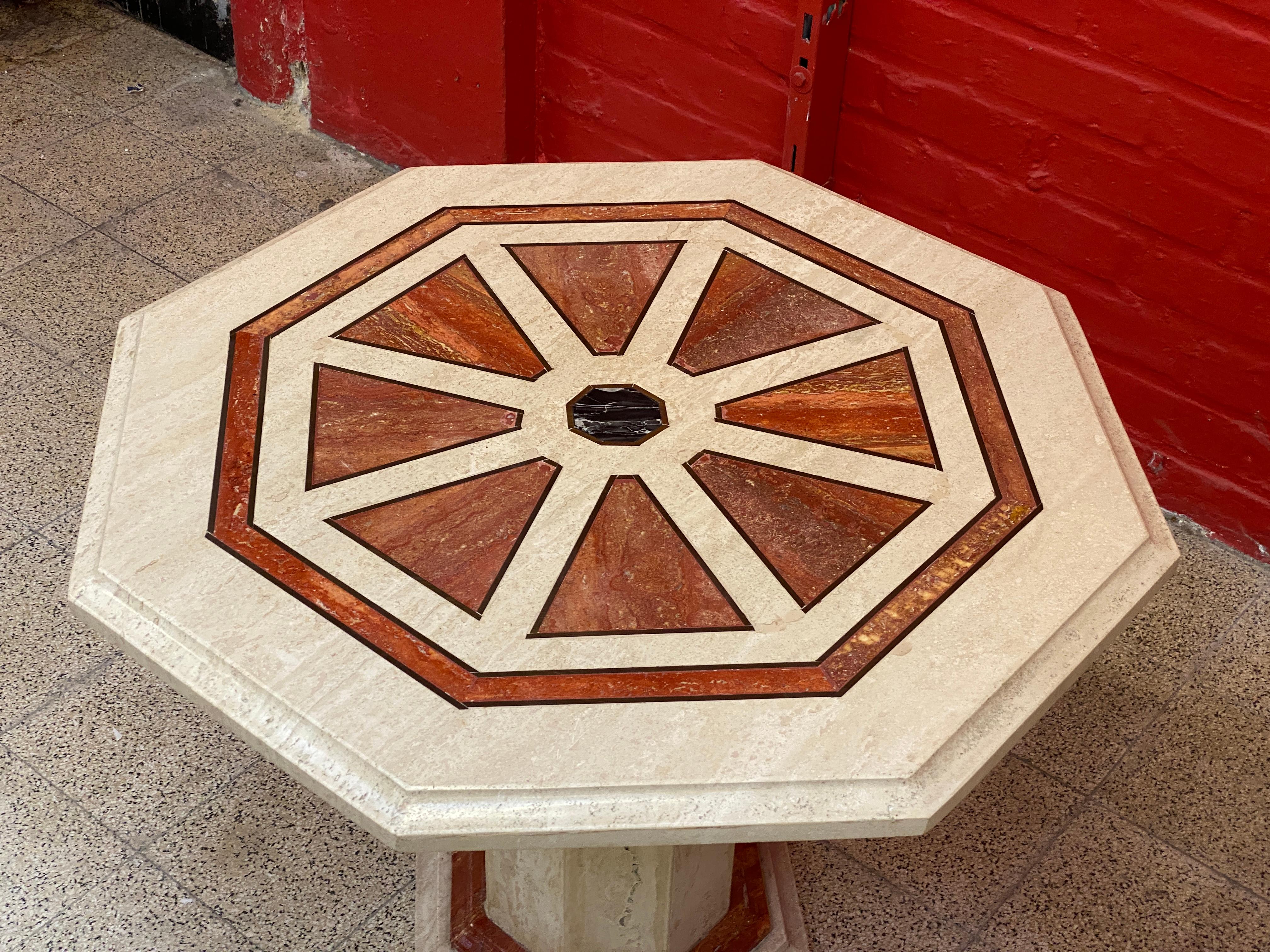 2 Travertine Side Tables, with Brass and Marble Inlay, circa 1970 For Sale 9